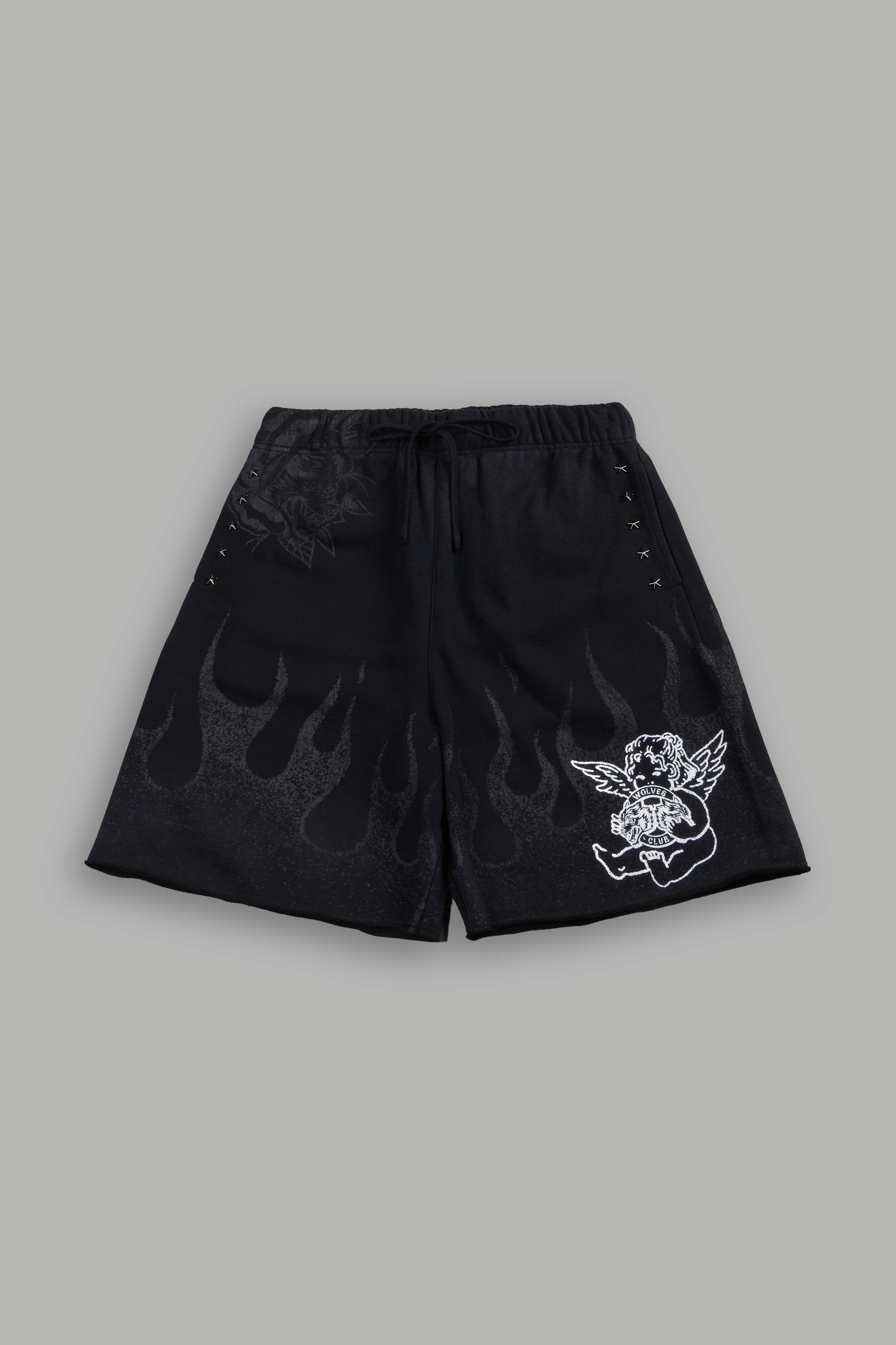 FOG Graphic Sweat Shorts ブラック L Wolves Club Cherub Inferno Grunge Oversized Raw Hem Post Lounge
