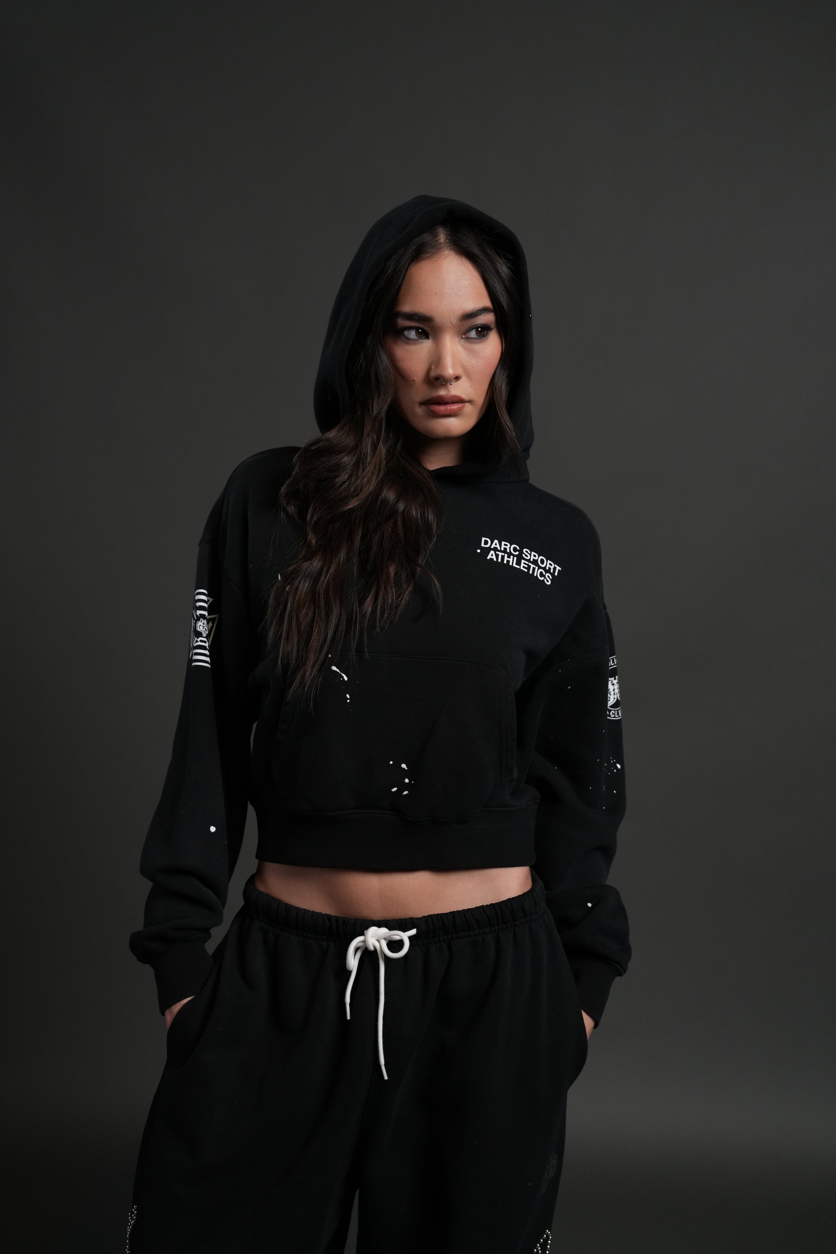 Darc Sport Athletics Owen Cropped Hoodie in Black Drift Wash