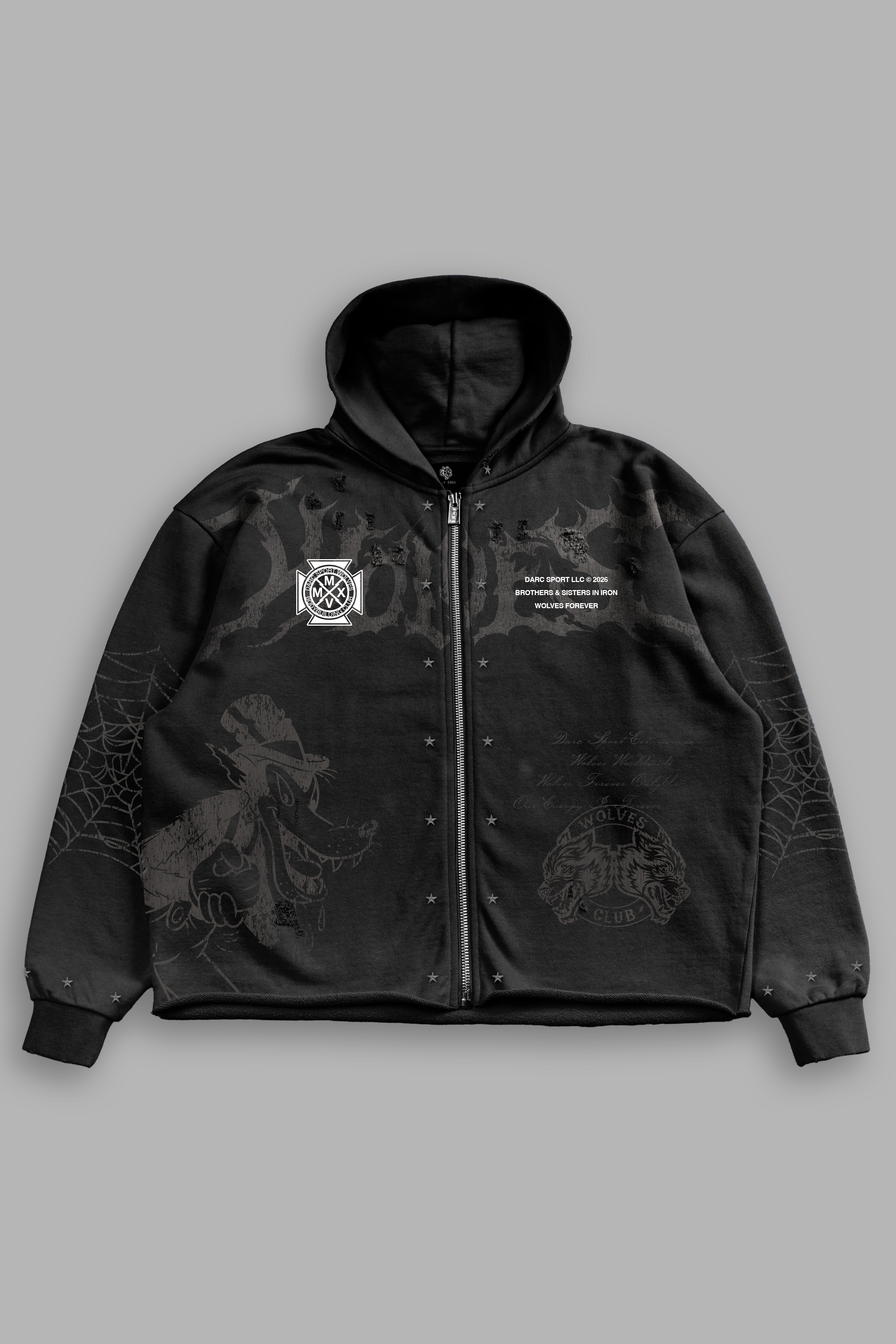 Big & Bad Distressed Grunge Mid Length Raw Hem Zip Hoodie in Black