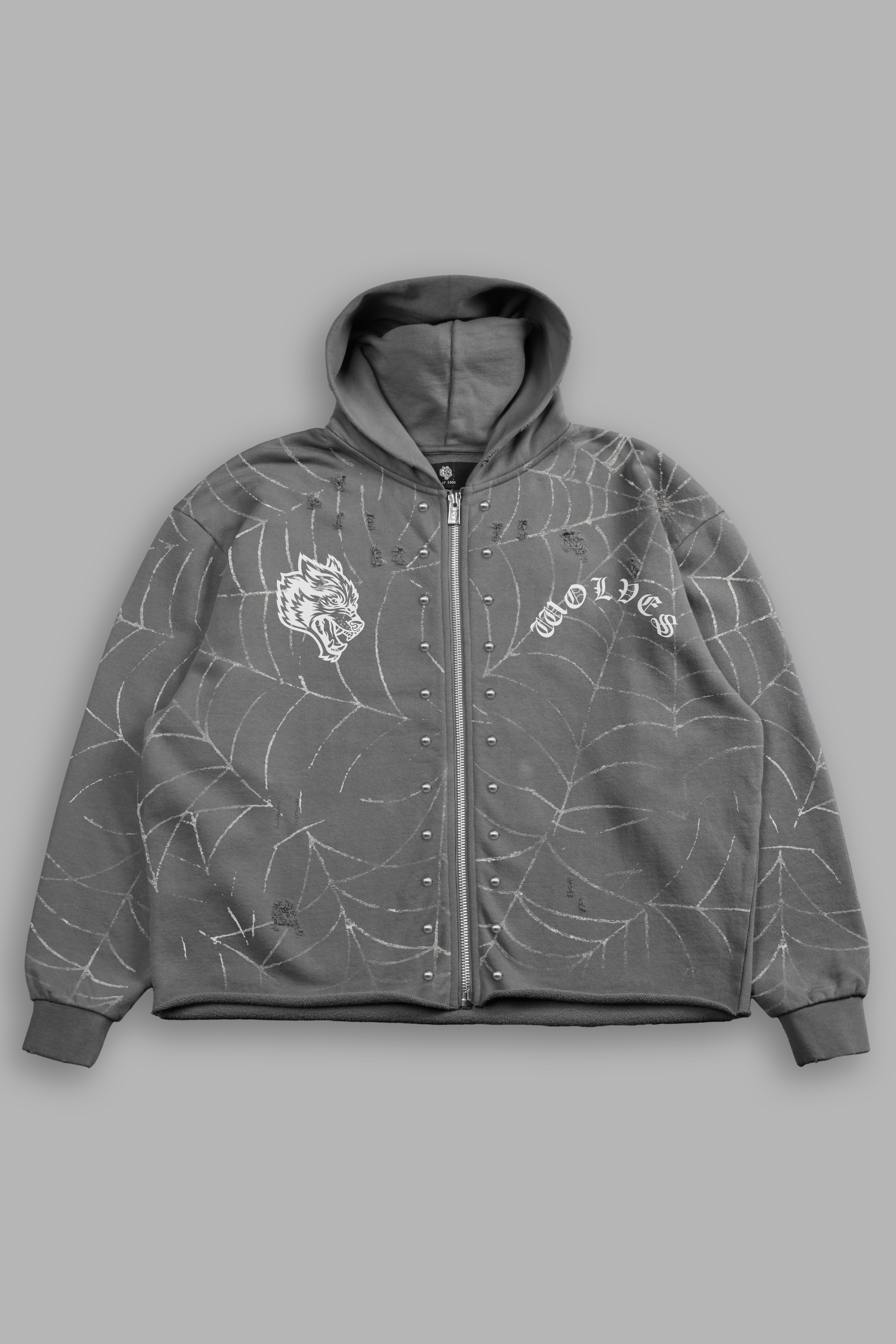 Stud Web Distressed Grunge Mid Length Raw Hem Zip Hoodie in Slate