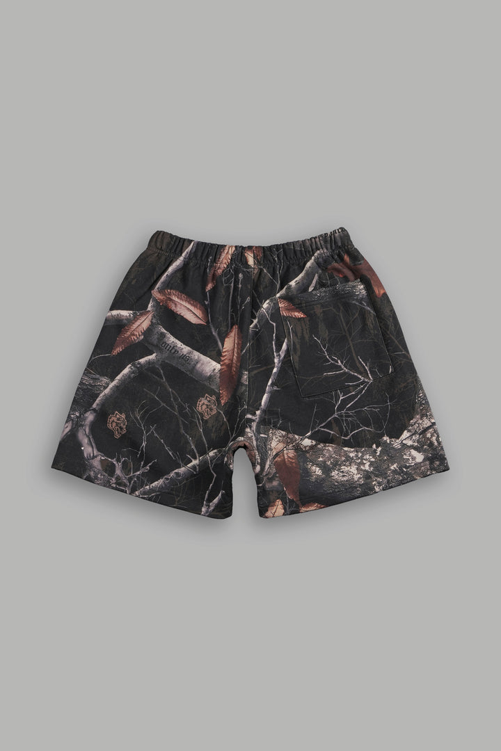 Dual Post Lounge Sweat Shorts in Darc Brown Woodland Camo