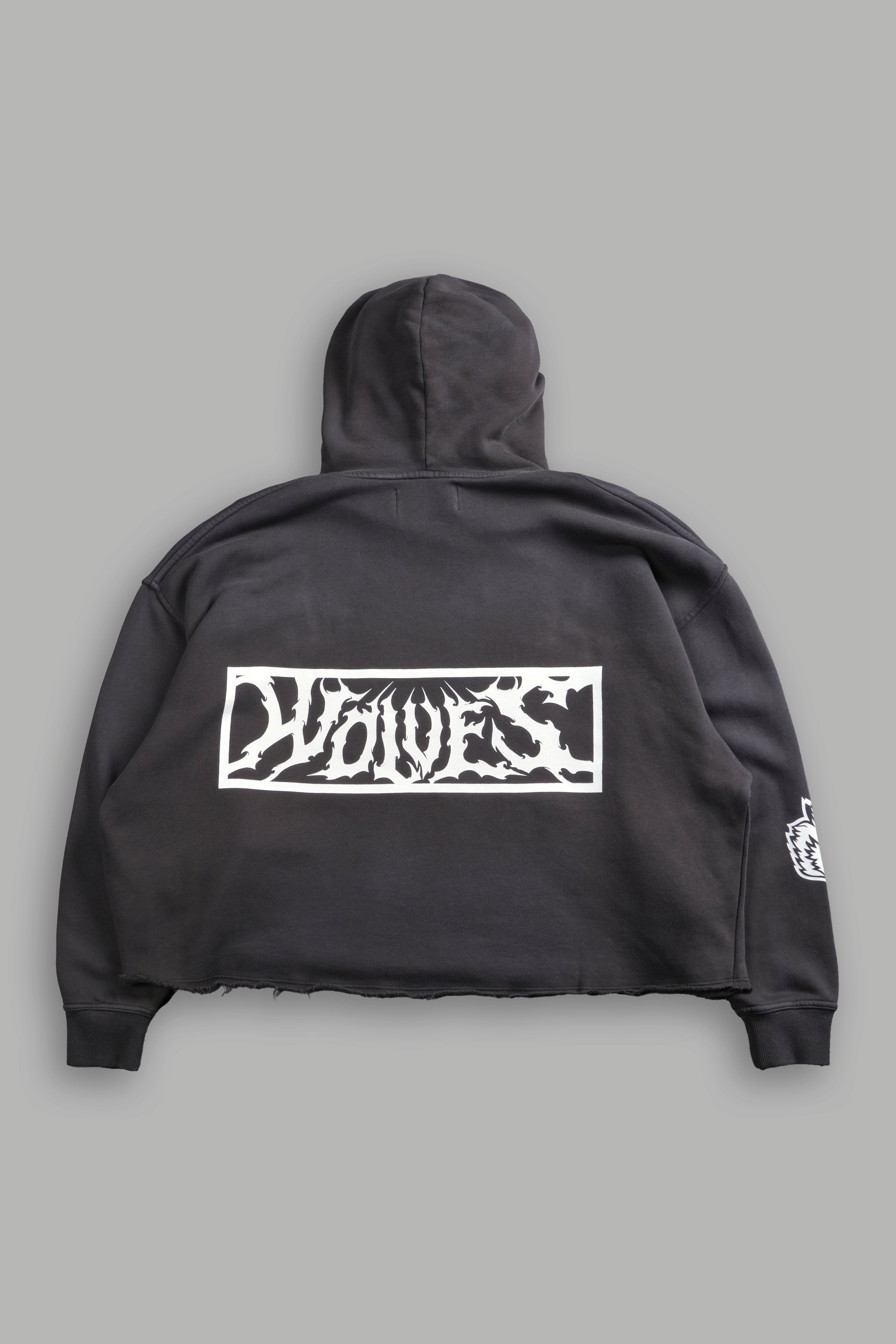 Midnight Wolves Raw Hem "Box Cut" Pierce Hoodie in Wolf Gray Drift Wash