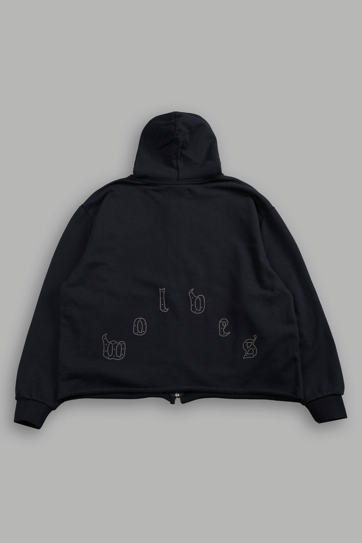 Darc Heaven Distressed Grunge Mid Length Raw Hem Zip Hoodie In Black