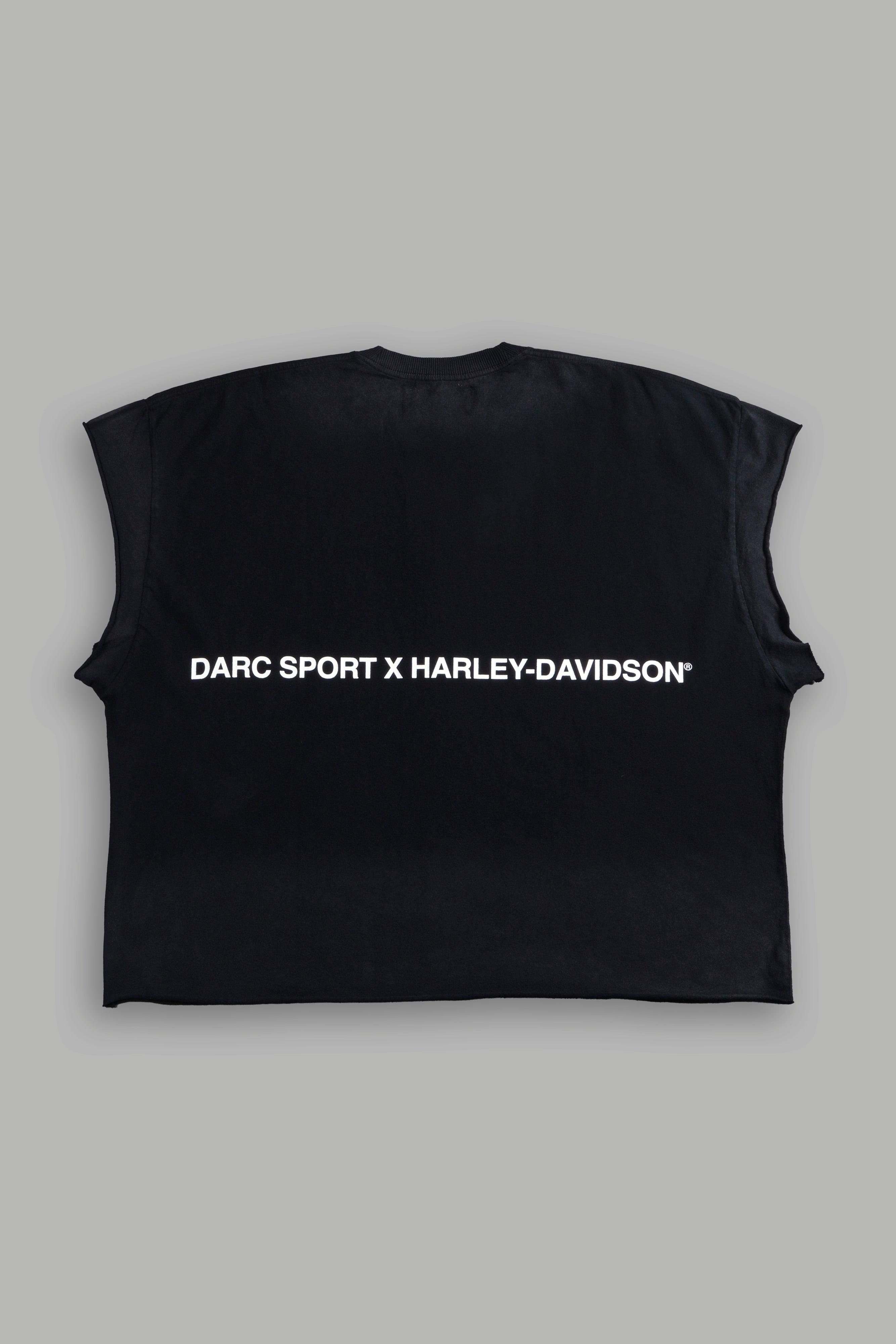 Inferno Shield Grunge Cut-Off Mid-Length Raw Hem Tee in Black Drift Wash