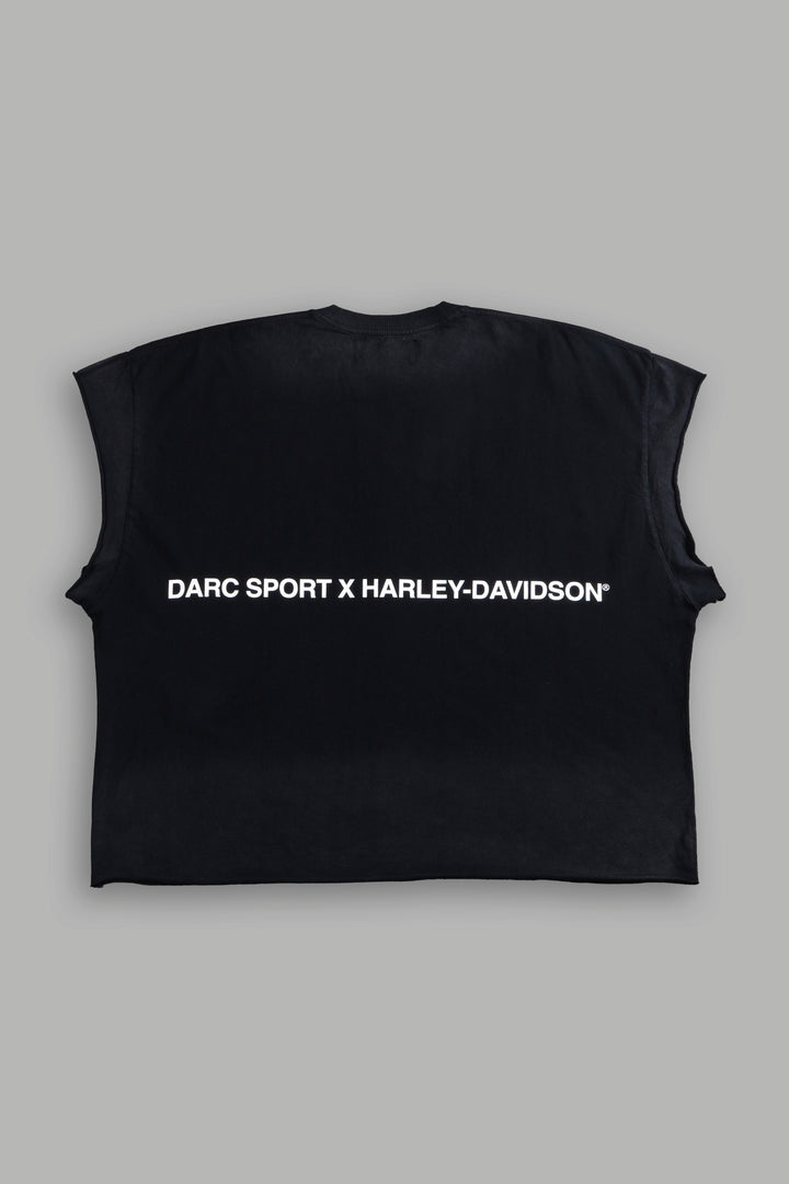 Inferno Shield Grunge Cut-Off Mid-Length Raw Hem Tee in Black Drift Wash