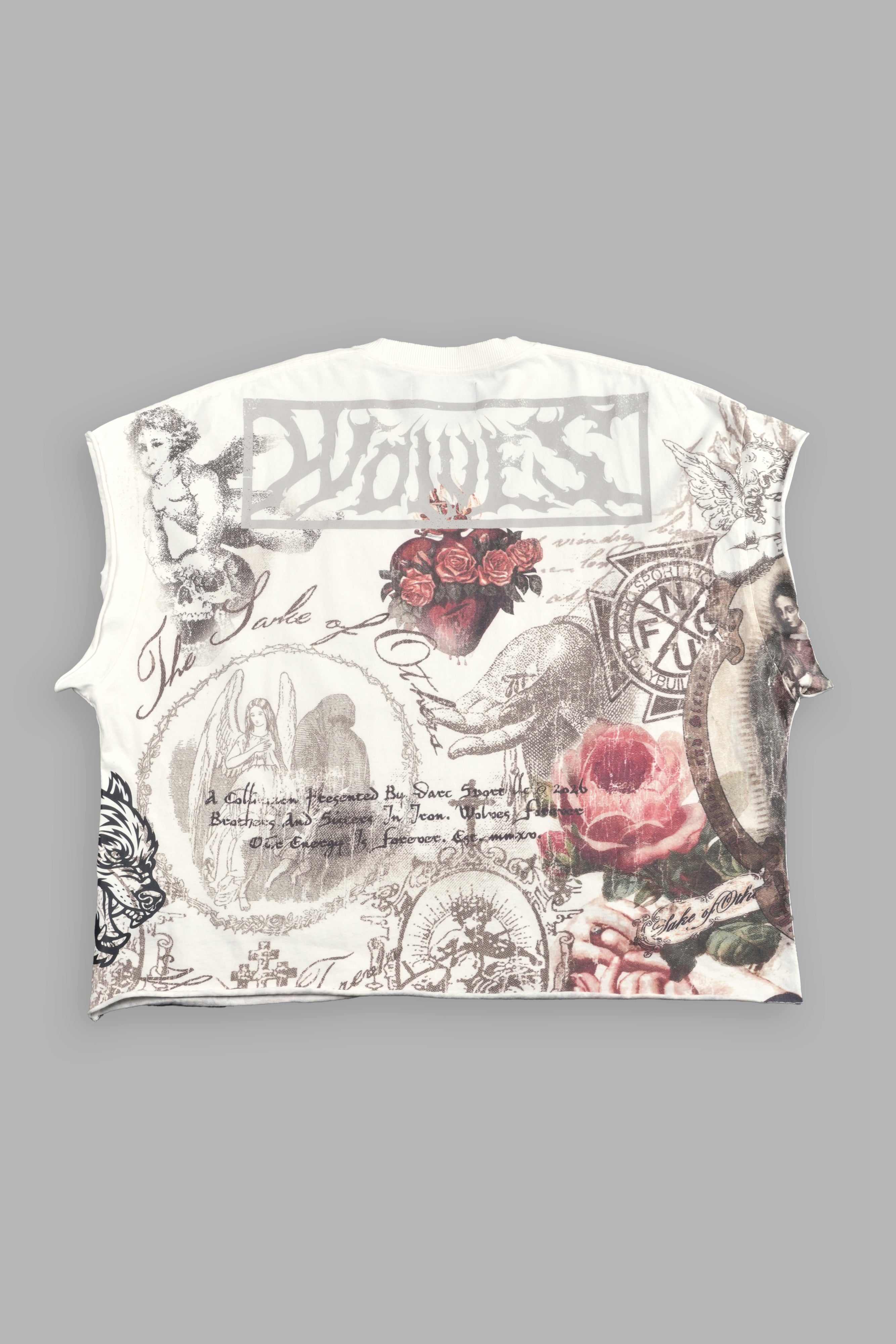 Heart of Thorns Distressed Grunge Cut-Off Mid-Length Raw Hem Tee in Cream