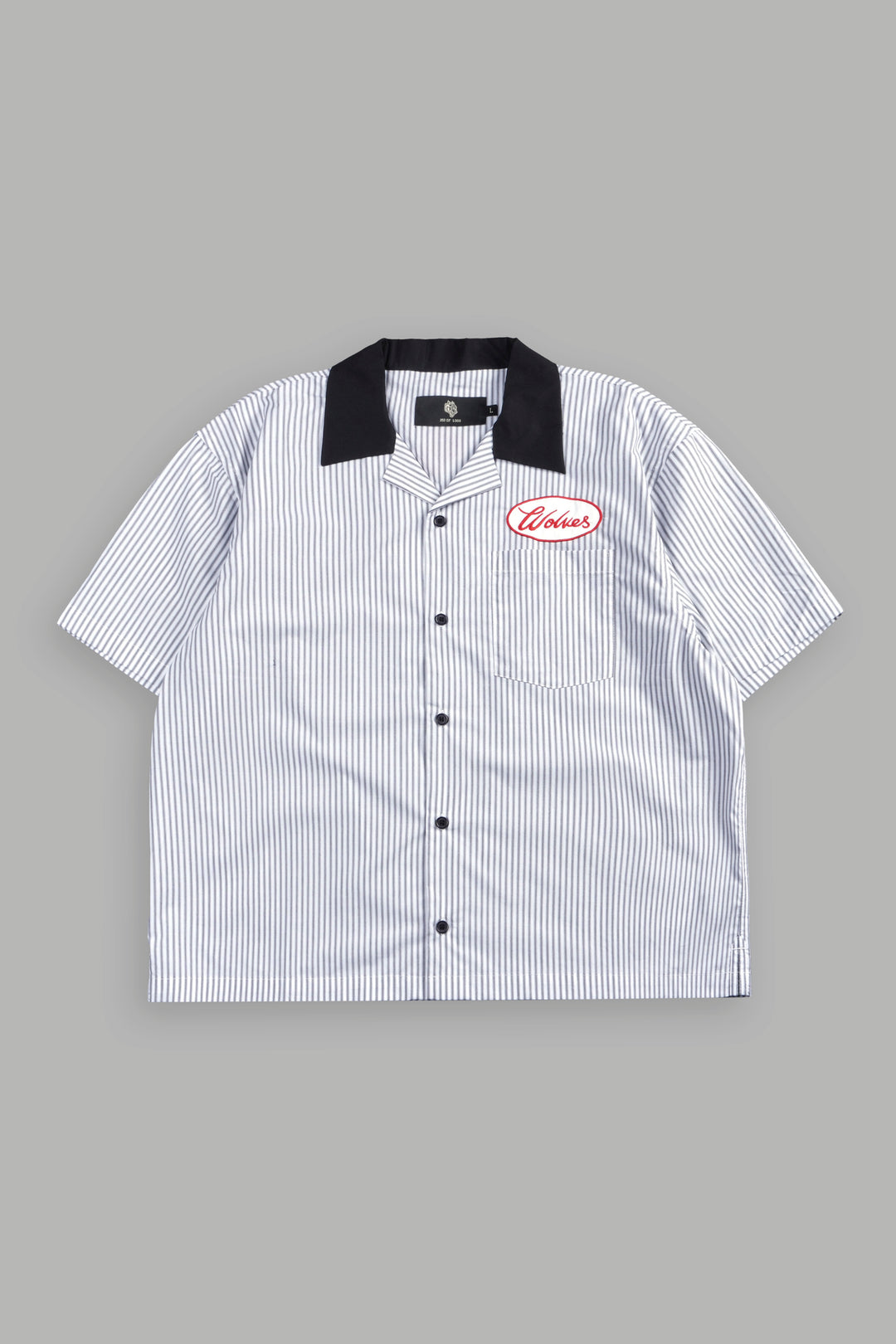 Wolves Patch Dalton Mid Length Button Up in Black Stripe