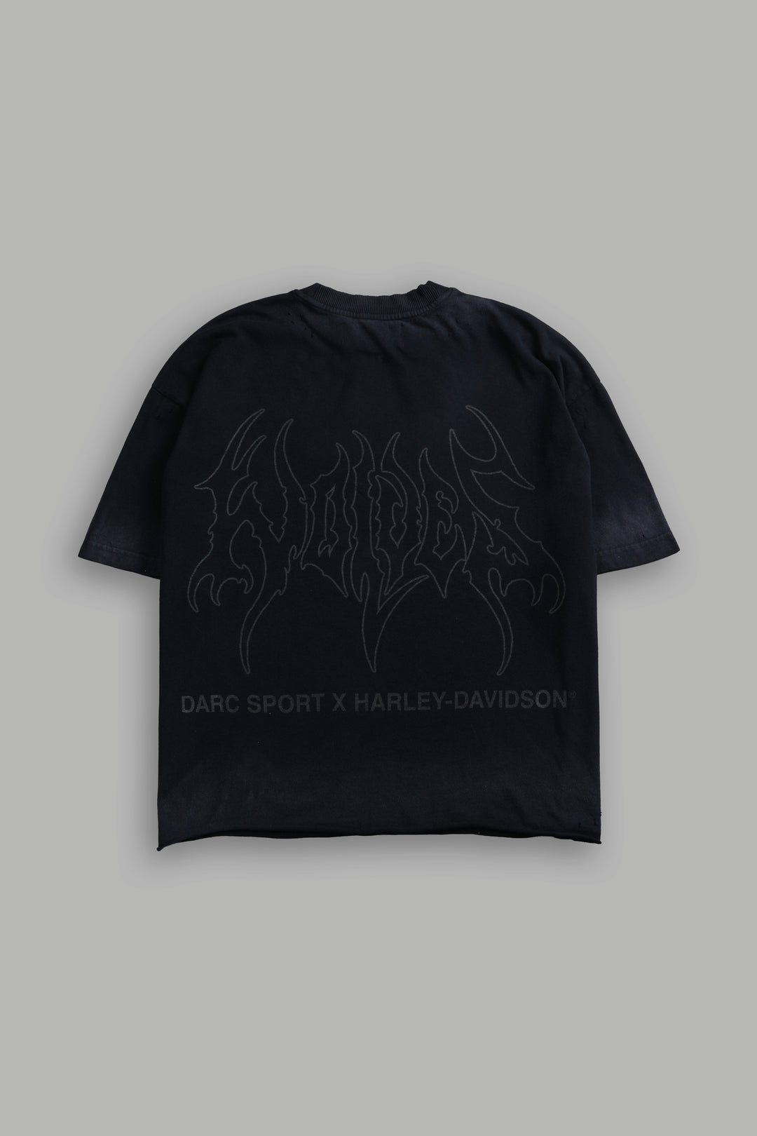 Darc Eagle Distressed Grunge Mid-Length Raw Hem Tee in Black Drift Wash