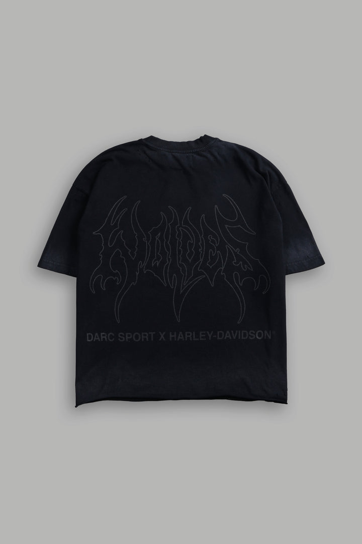 Darc Eagle Distressed Grunge Mid-Length Raw Hem Tee in Black Drift Wash