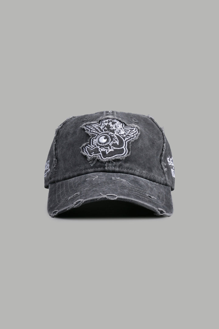 Cherub Eye Ball Distressed Dad Hat in Washed Black