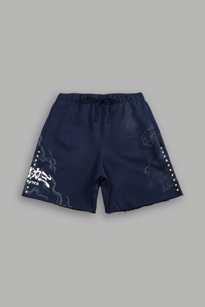 Kokuryu Grunge Oversized Raw Hem Post Lounge Sweat Shorts in Navy