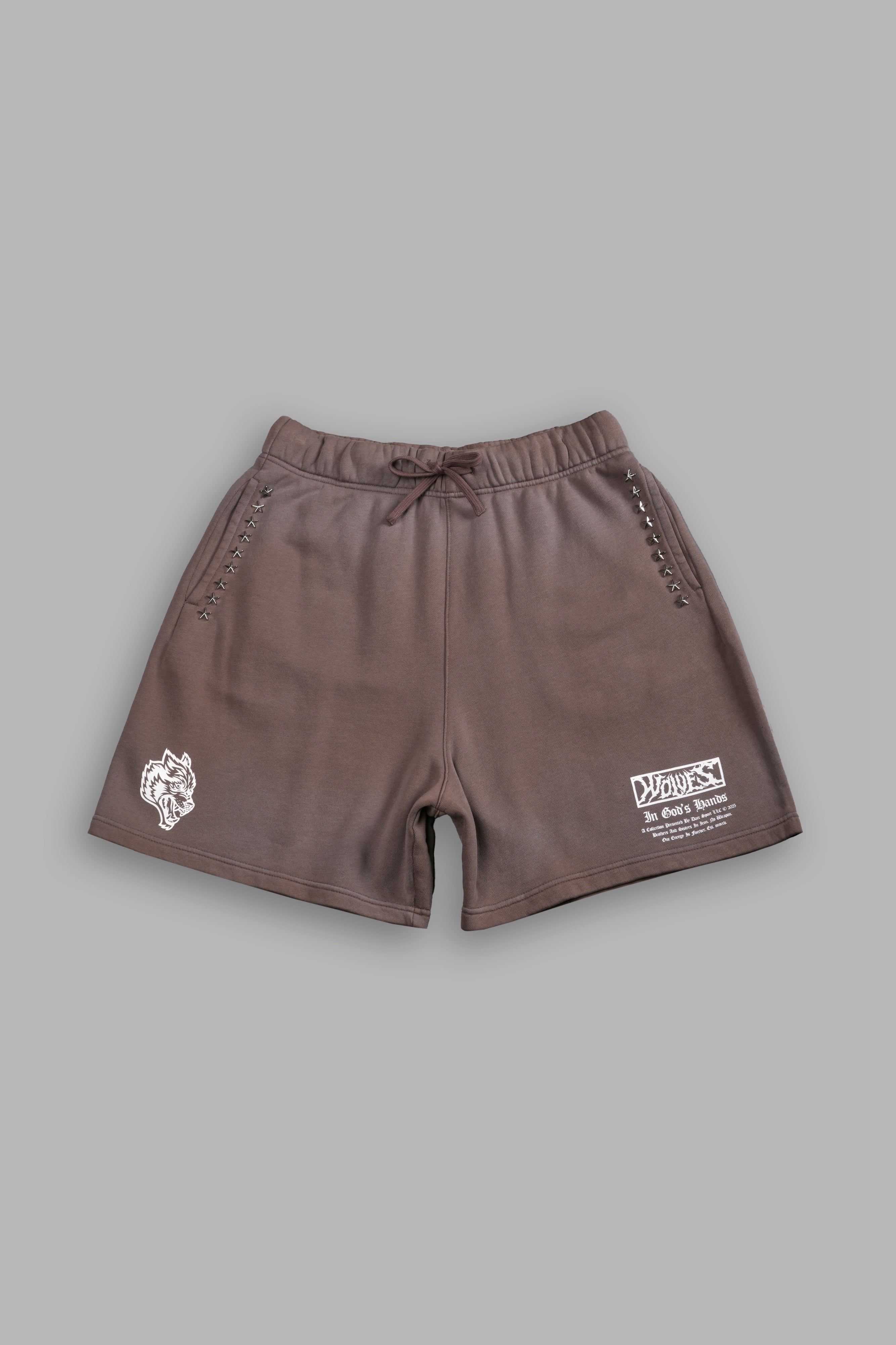 Studded Midnight Wolves Oversized Post Lounge Sweat Shorts in Mojave Brown Drift Wash