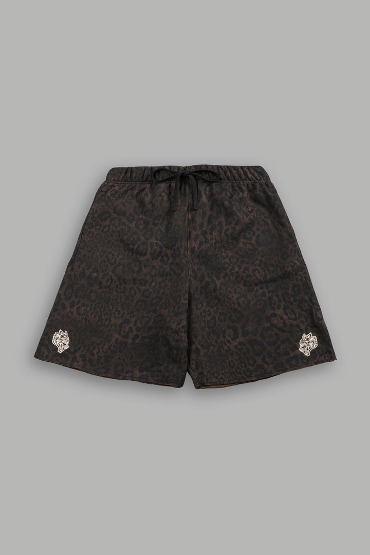 Dual Grunge Oversized Raw Hem Post Lounge Sweat Shorts in Darc Brown Leopard