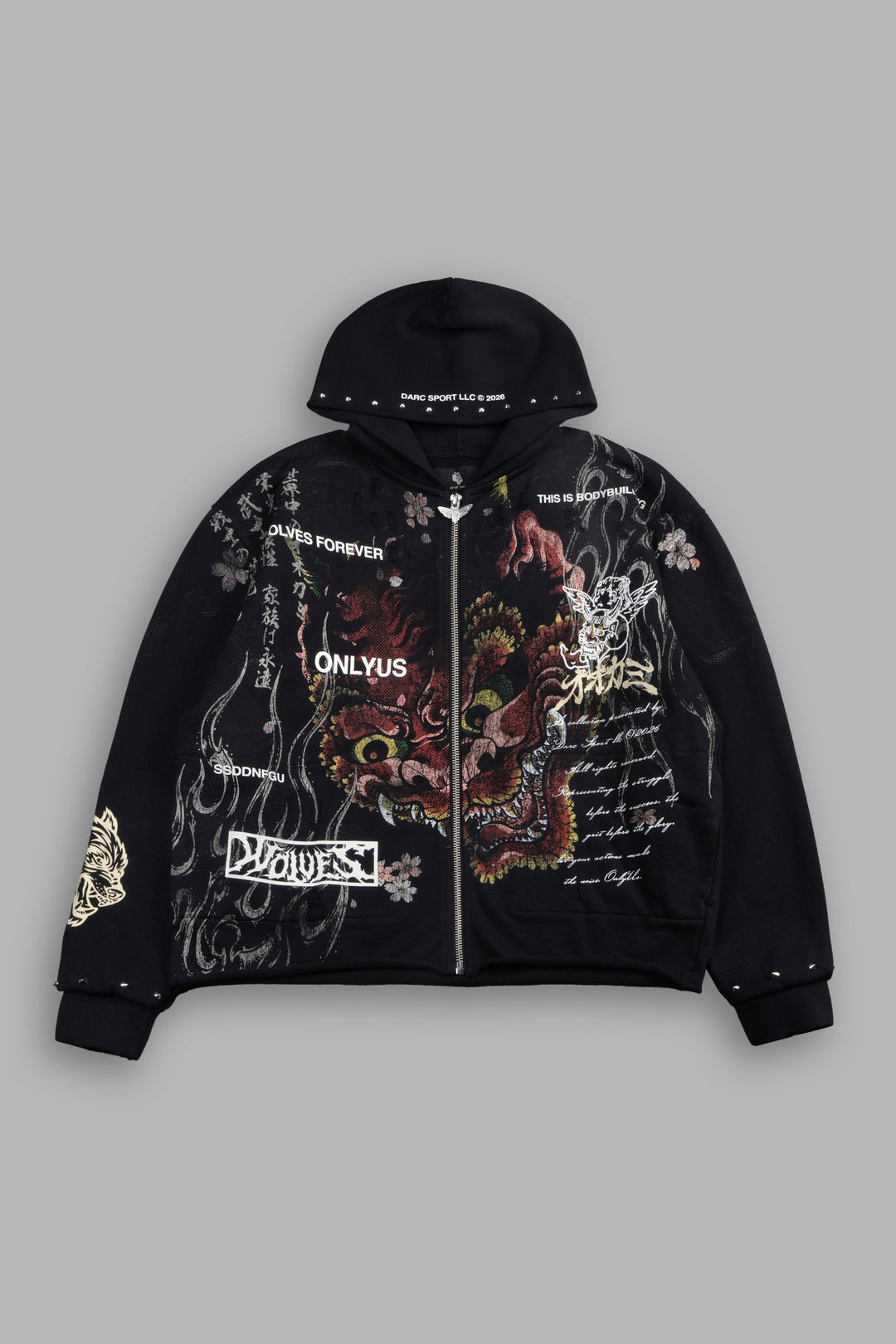Shutendoji Distressed Grunge Mid Length Raw Hem Zip Hoodie in Black
