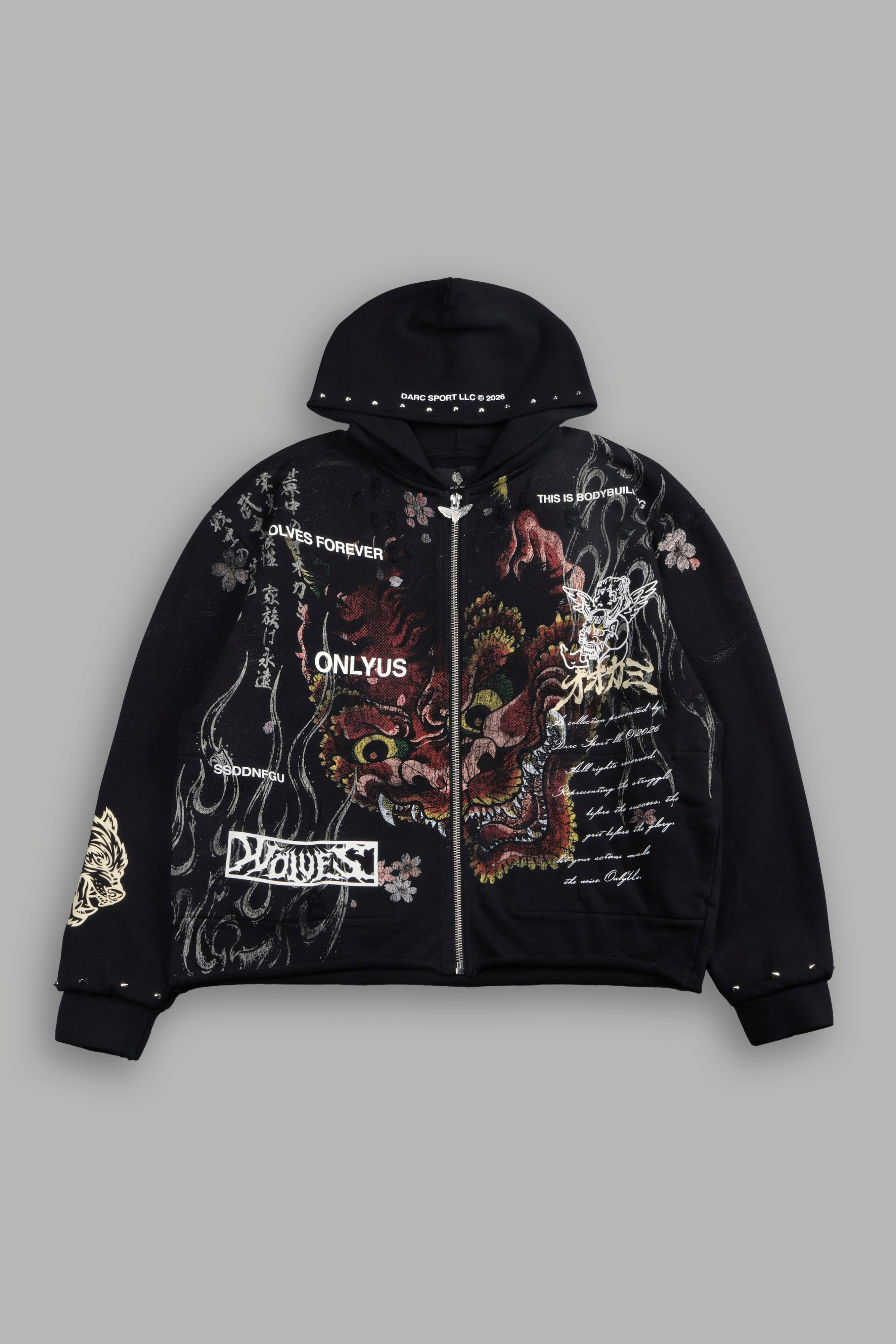 Shutendoji Distressed Grunge Mid Length Raw Hem Zip Hoodie in Black