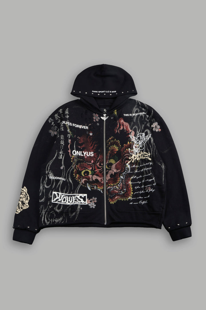 Shutendoji Distressed Grunge Mid Length Raw Hem Zip Hoodie in Black