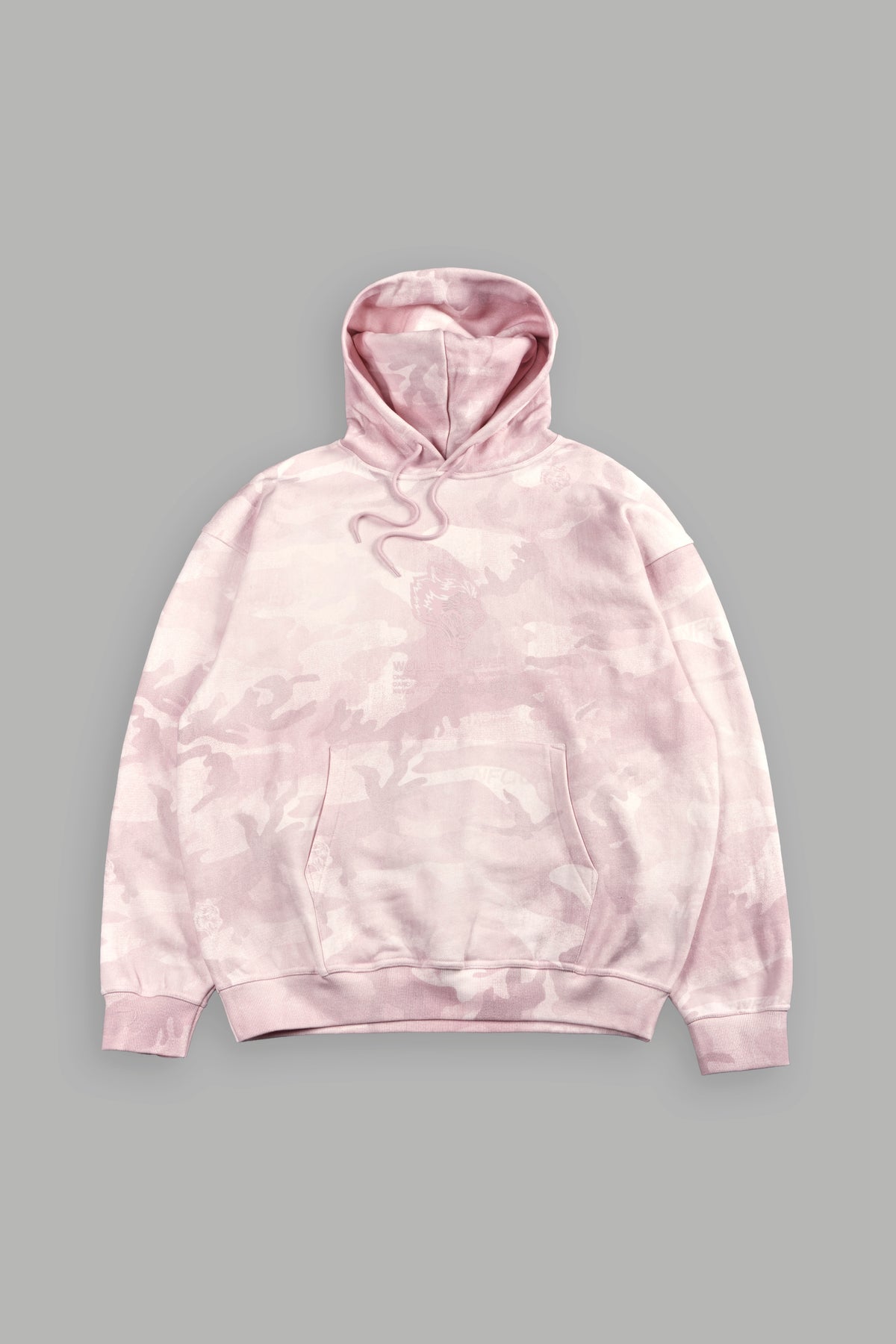 Gradient Wolves Have Your Back Bishop Hoodie In Blush Vintage Woodland Camo