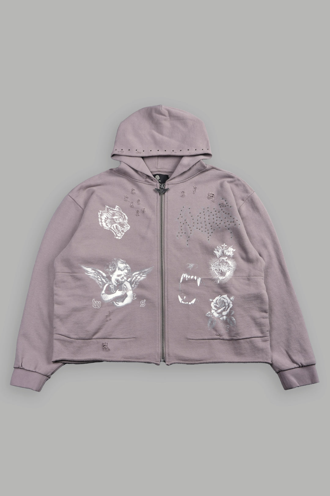 Darc Heaven Distressed Grunge Mid Length Raw Hem Zip Hoodie In Pale Gray