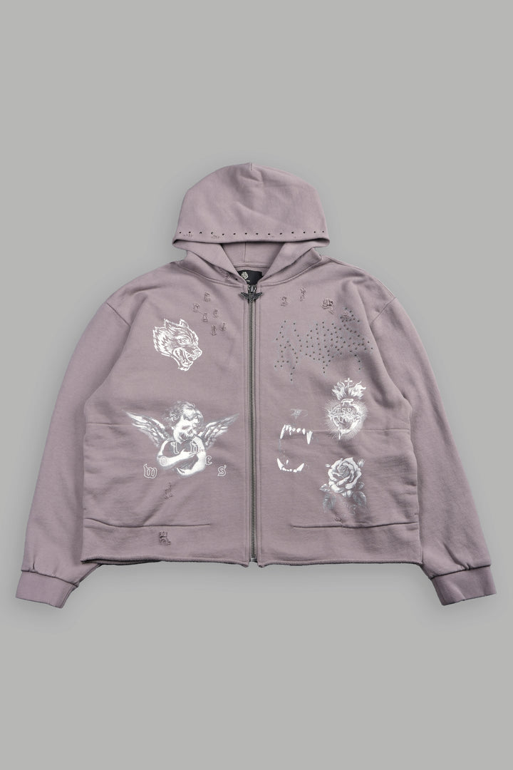 Darc Heaven Distressed Grunge Mid Length Raw Hem Zip Hoodie In Pale Gray