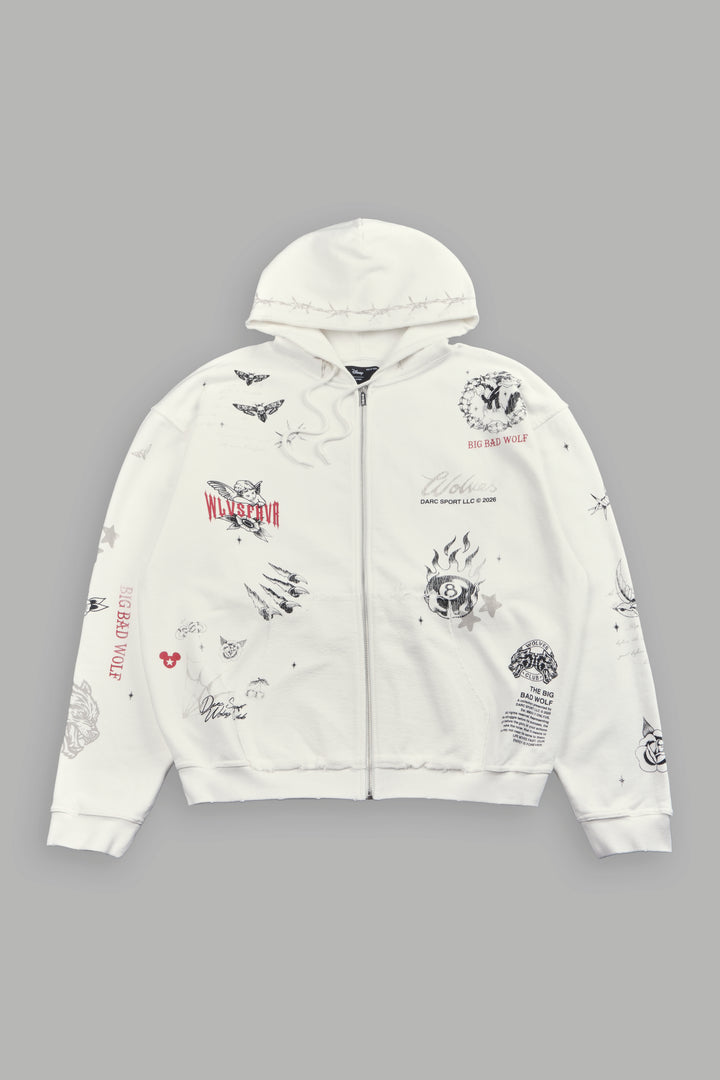 Big Bad Wolves Grunge Moatis Zip Hoodie in Cream