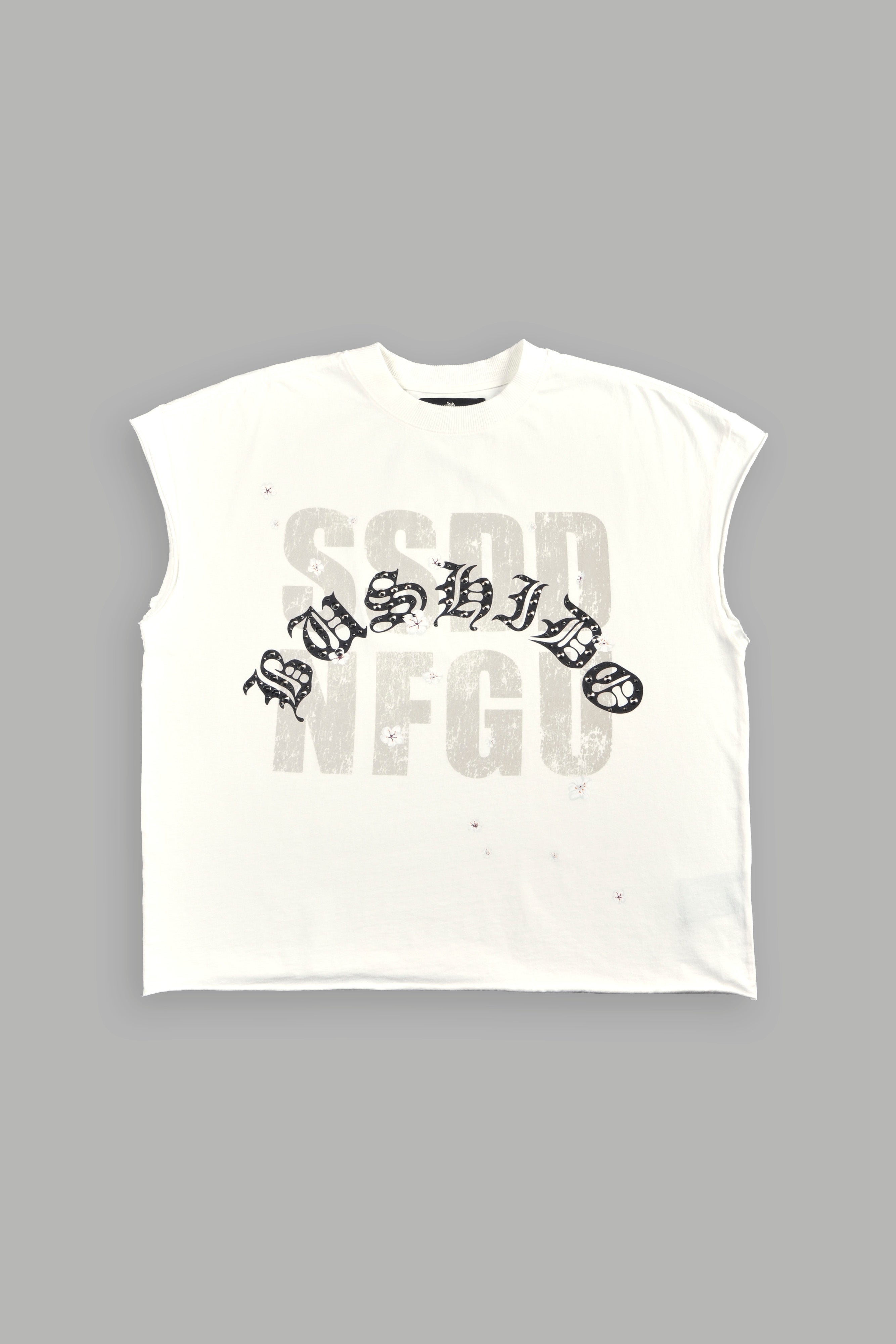 Ssddnfgu Bushido Grunge Cut-Off Mid Length Raw Hem Tee in Cream