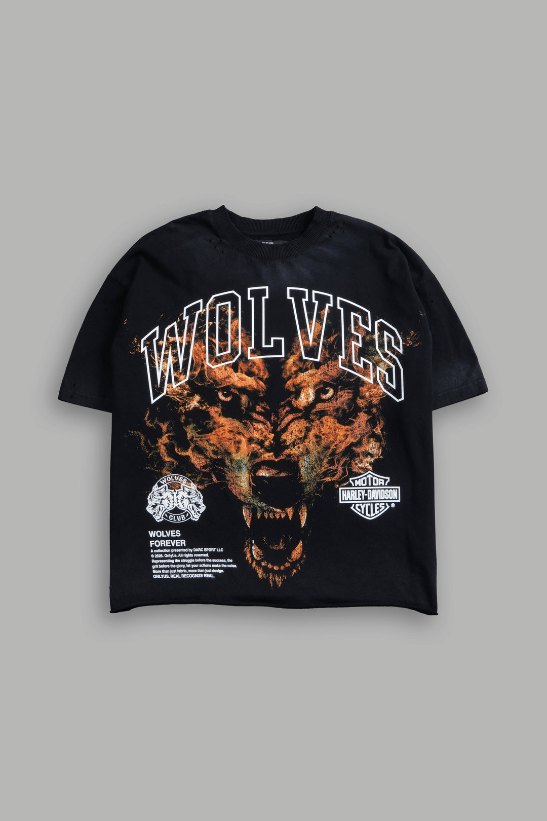 Born From Fire Distressed Grunge Mid-Length Raw Hem Tee in Black Drift Wash