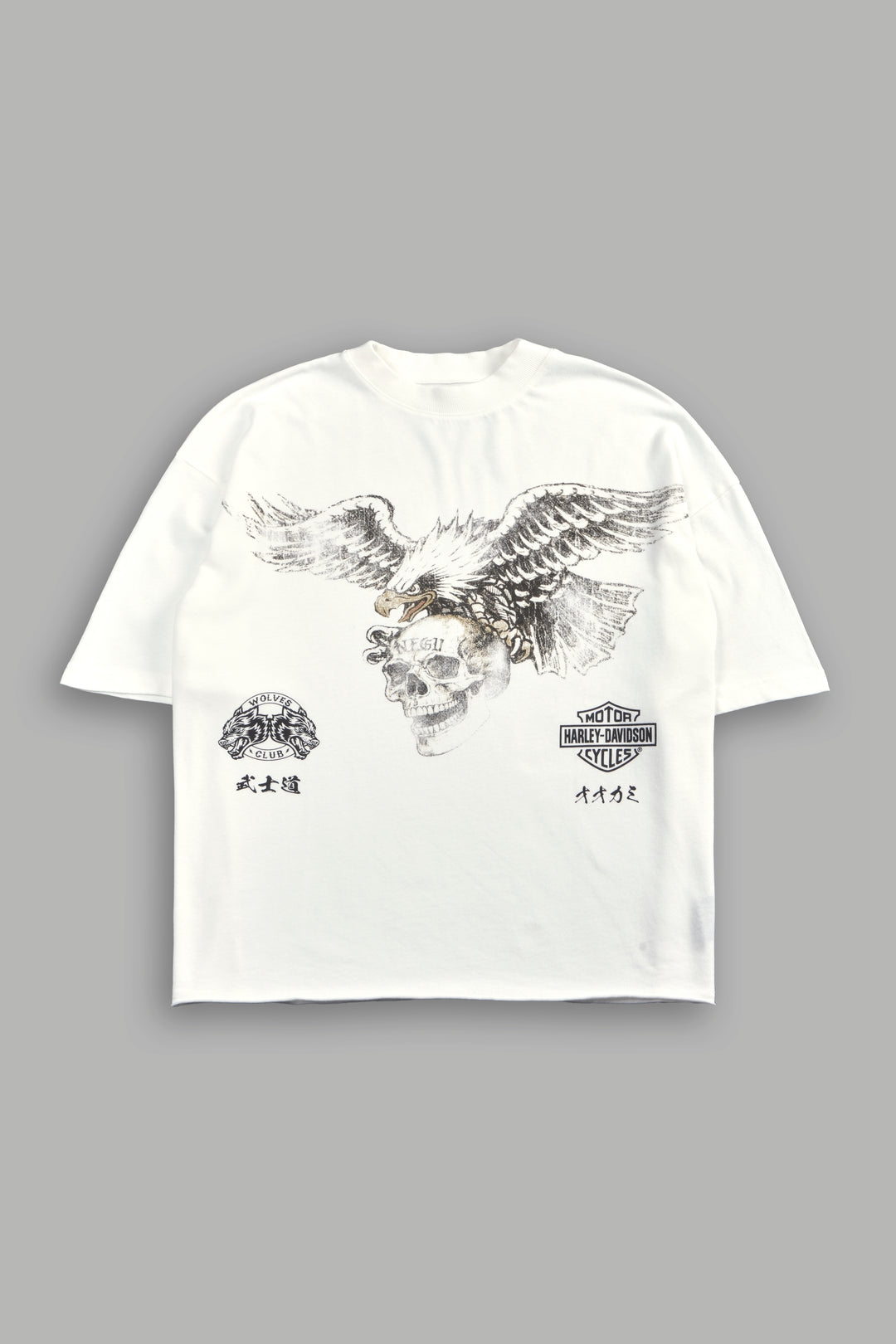 H-D Eagle And Skull Premium Raw Hem Box Cut Tee in Cream