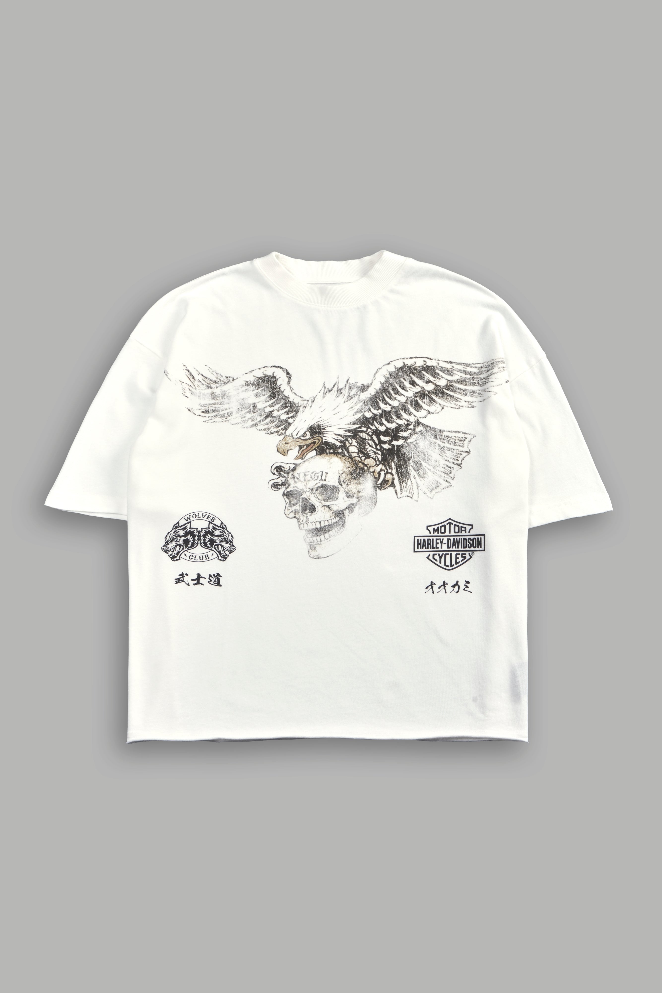 H-D Eagle And Skull Premium Raw Hem Box Cut Tee in Cream