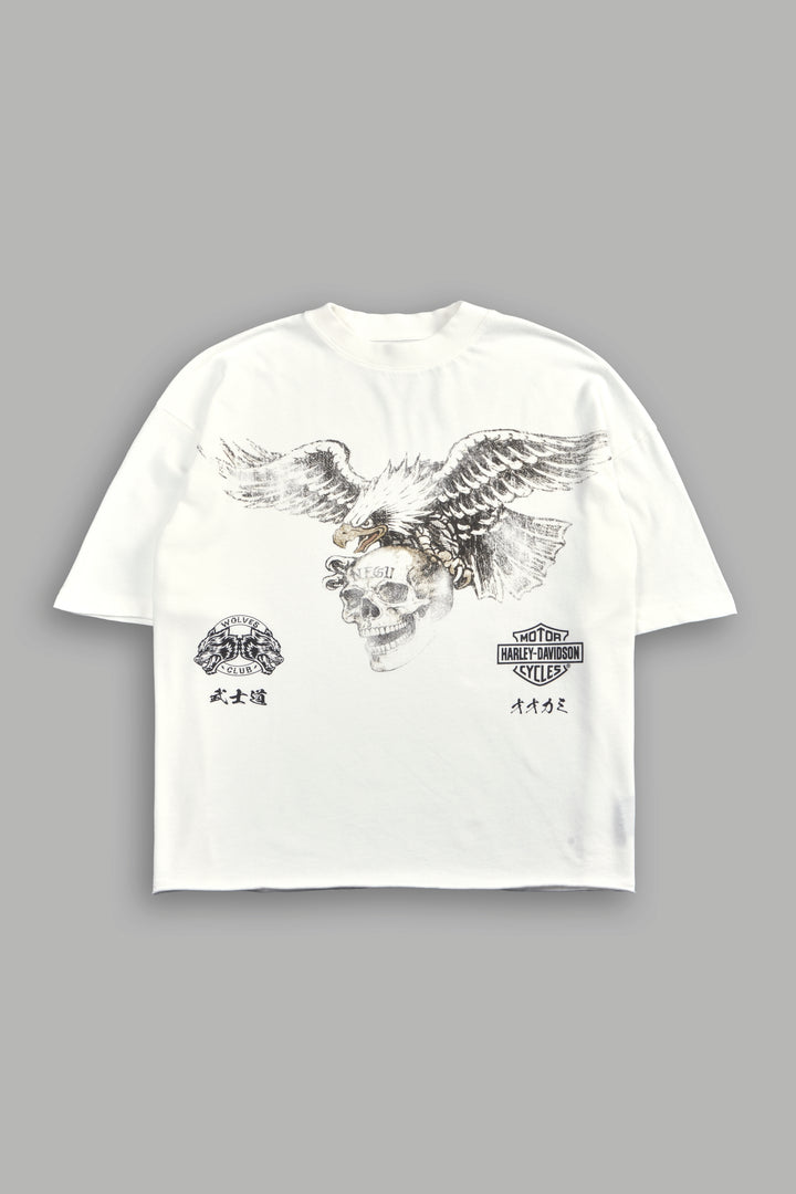 H-D Eagle And Skull Premium Raw Hem Box Cut Tee in Cream