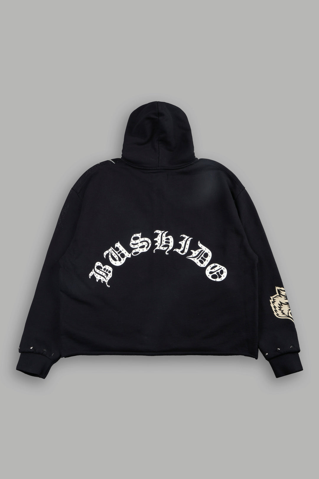 Shutendoji Distressed Grunge Mid Length Raw Hem Zip Hoodie in Black