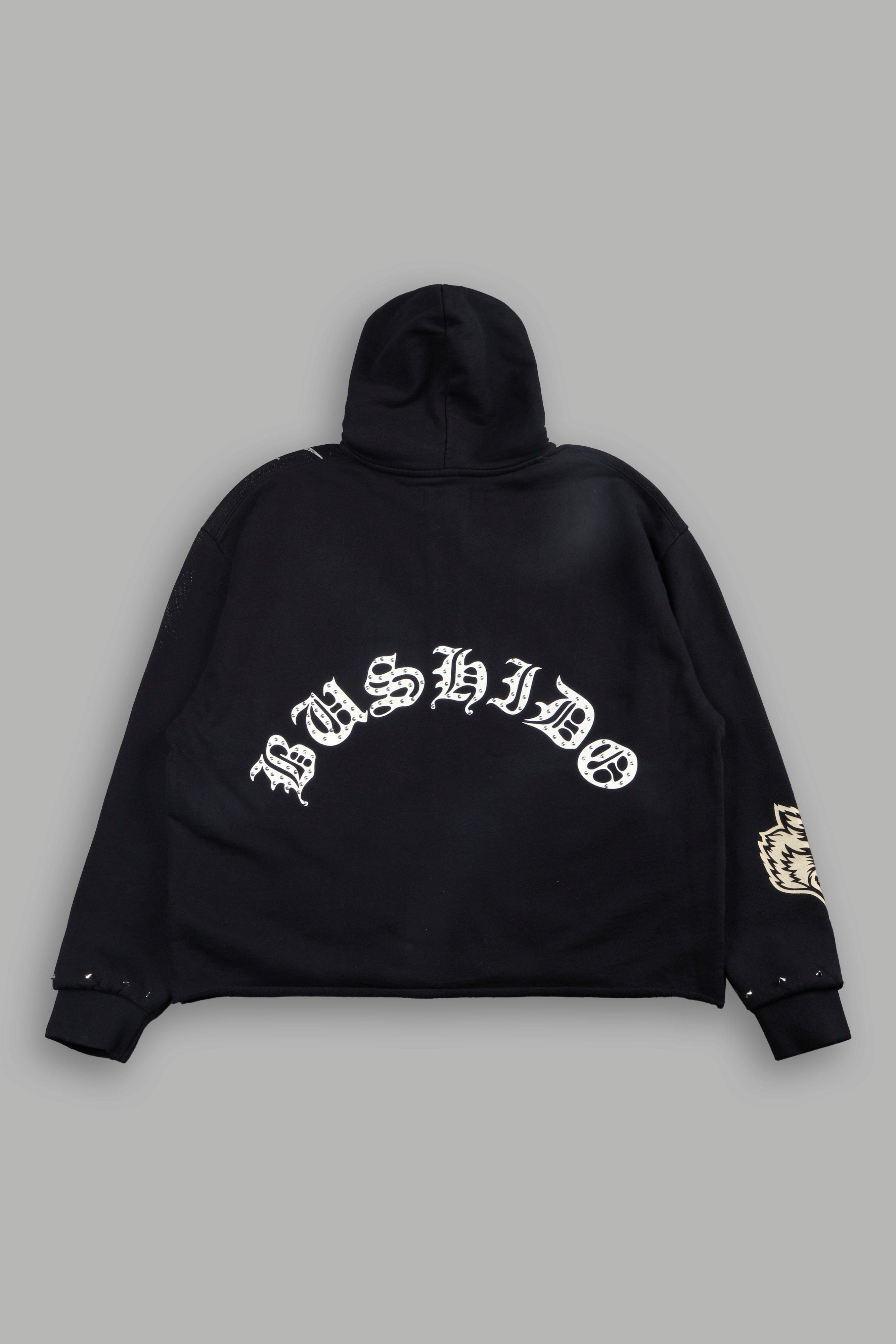 Shutendoji Distressed Grunge Mid Length Raw Hem Zip Hoodie in Black