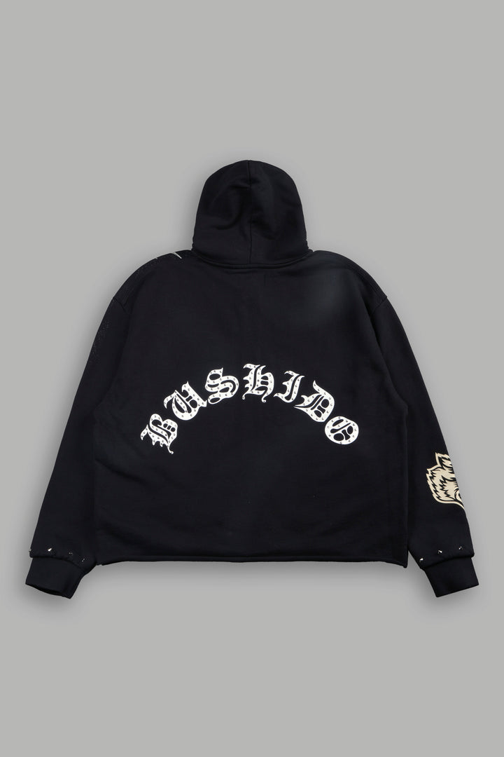 Shutendoji Distressed Grunge Mid Length Raw Hem Zip Hoodie in Black