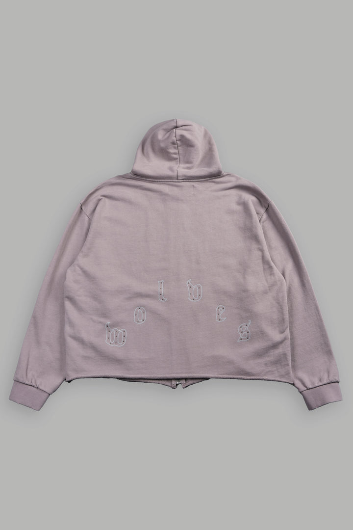 Darc Heaven Distressed Grunge Mid Length Raw Hem Zip Hoodie In Pale Gray