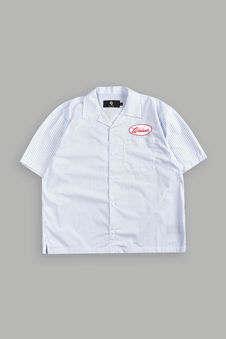 Wolves Patch Dalton Mid Length Button Up in Blue Stripe