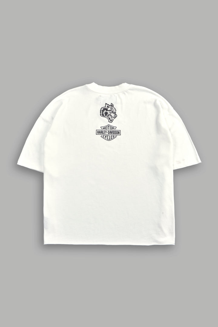 H-D Eagle And Skull Premium Raw Hem Box Cut Tee in Cream