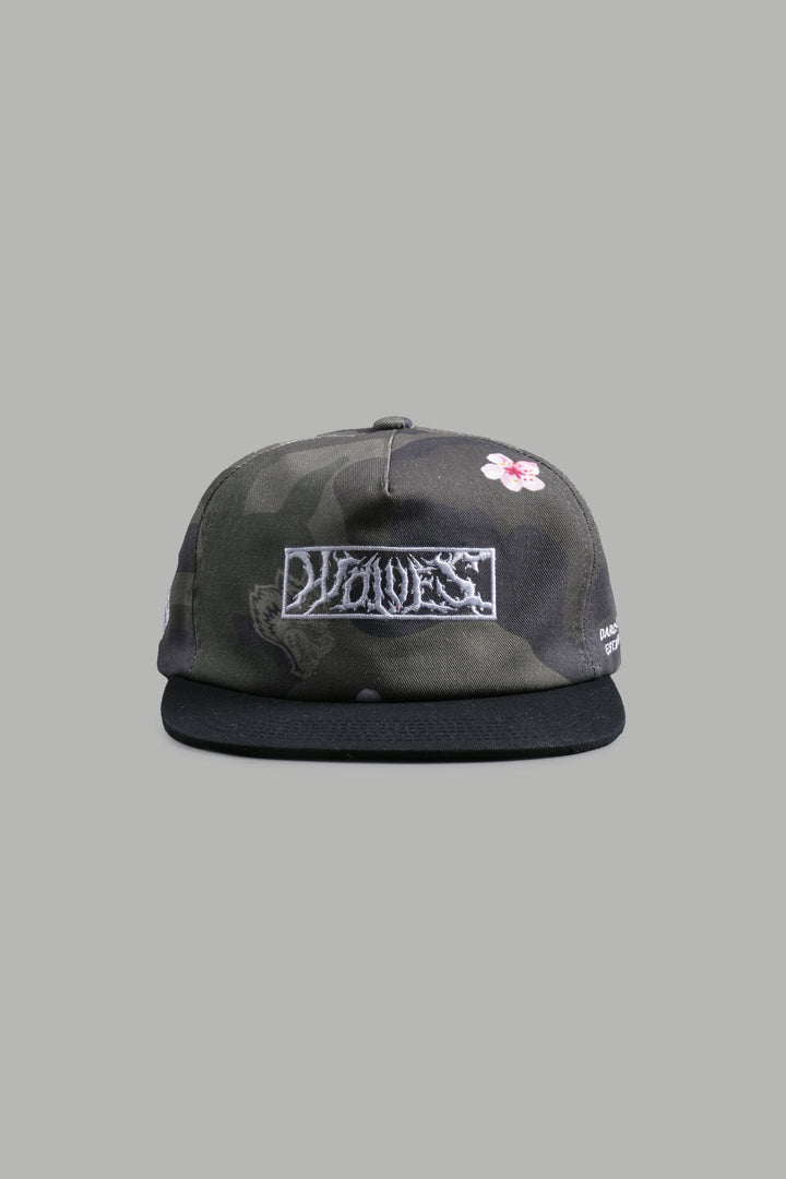 Midnight Wolves Vintage 5 Panel Hat in Vintage Blossom Woodland Camo