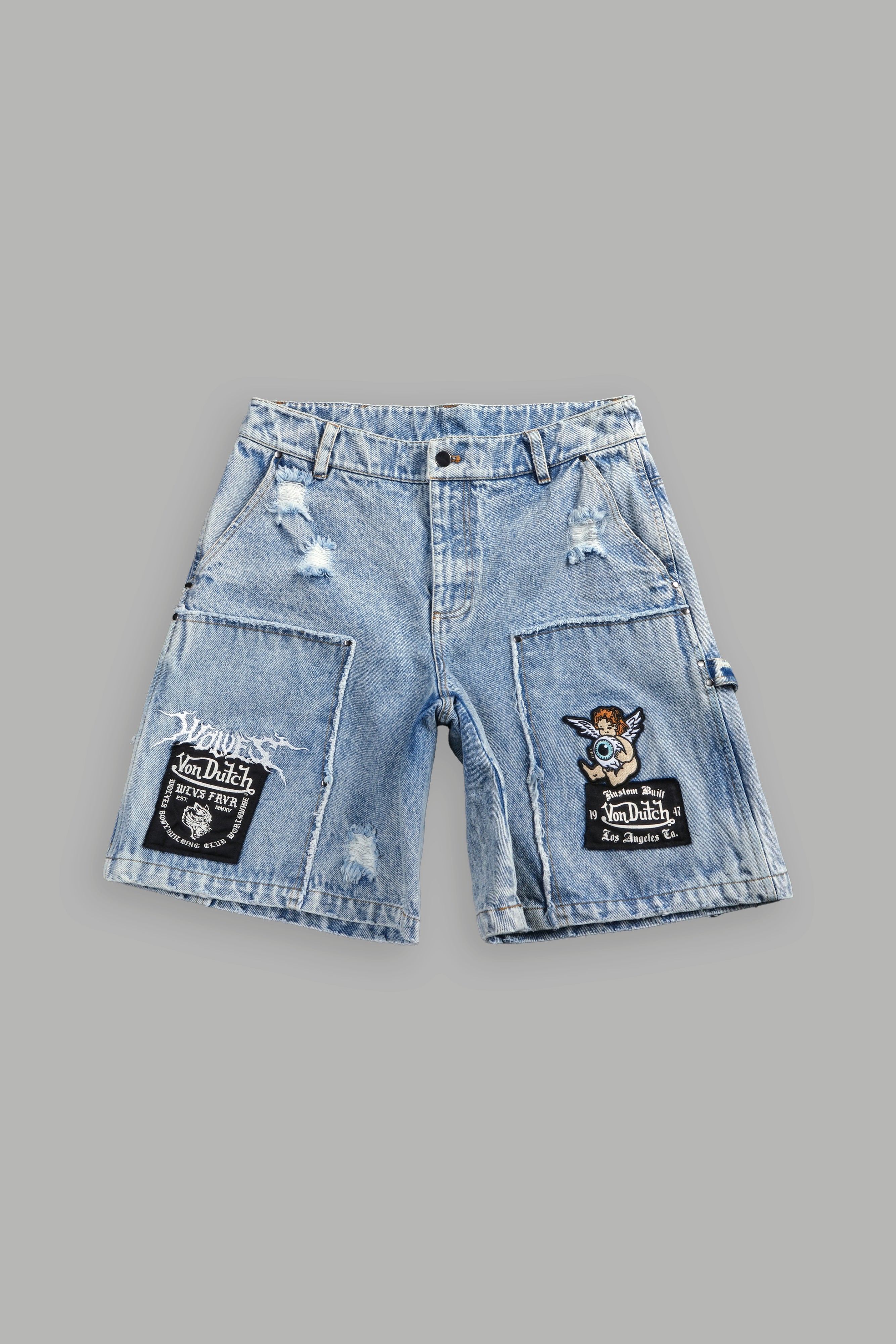 Darc Vice Distressed Denim Carpenter Shorts in Light Wash