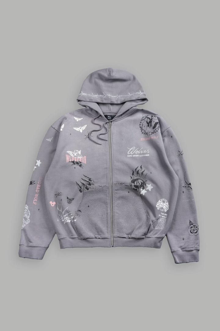 Big Bad Wolves Grunge Moatis Zip Hoodie in Dove Gray Drift Wash