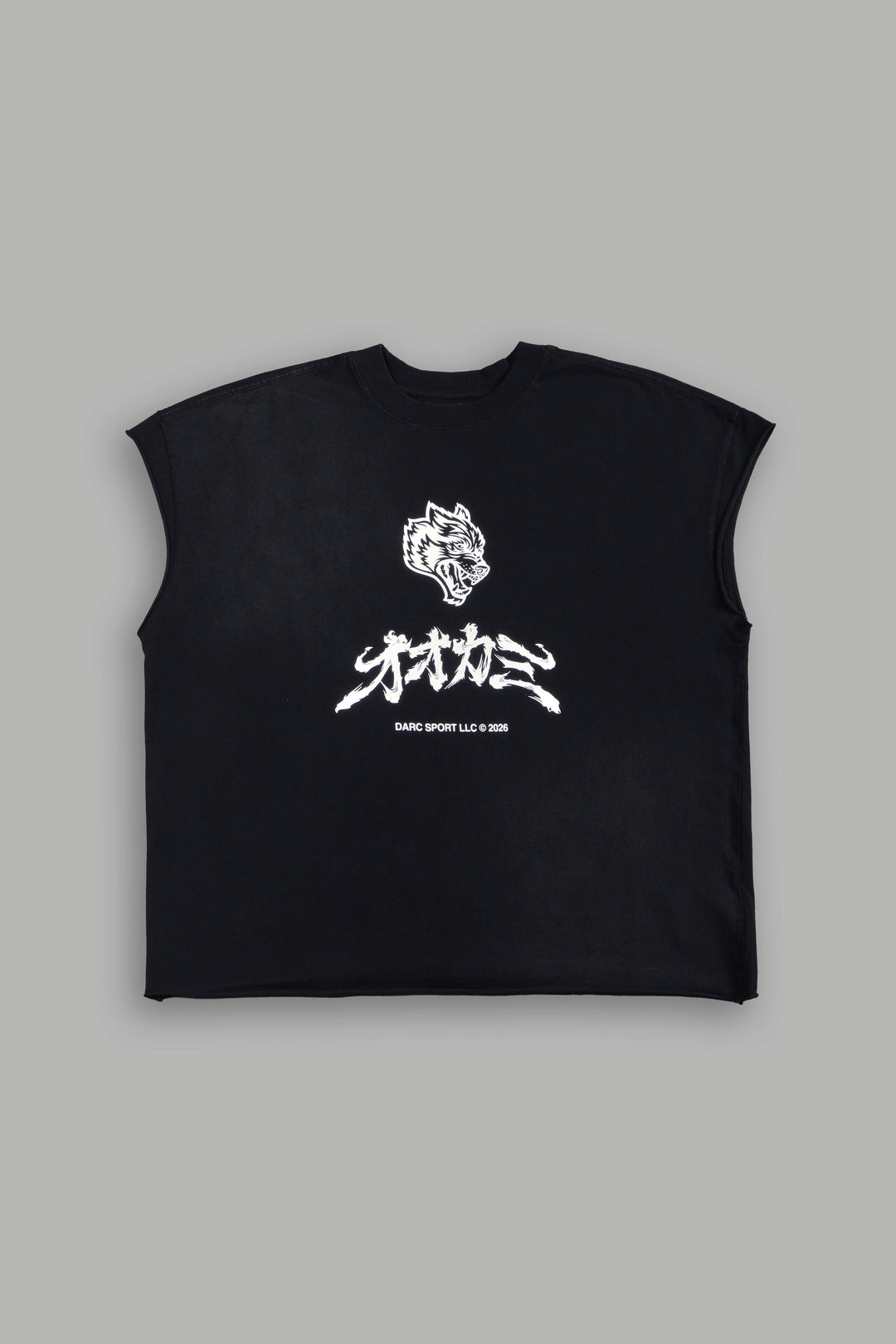 Okami Bushido Grunge Cut-Off Mid Length Raw Hem Tee in Black Sun Fade