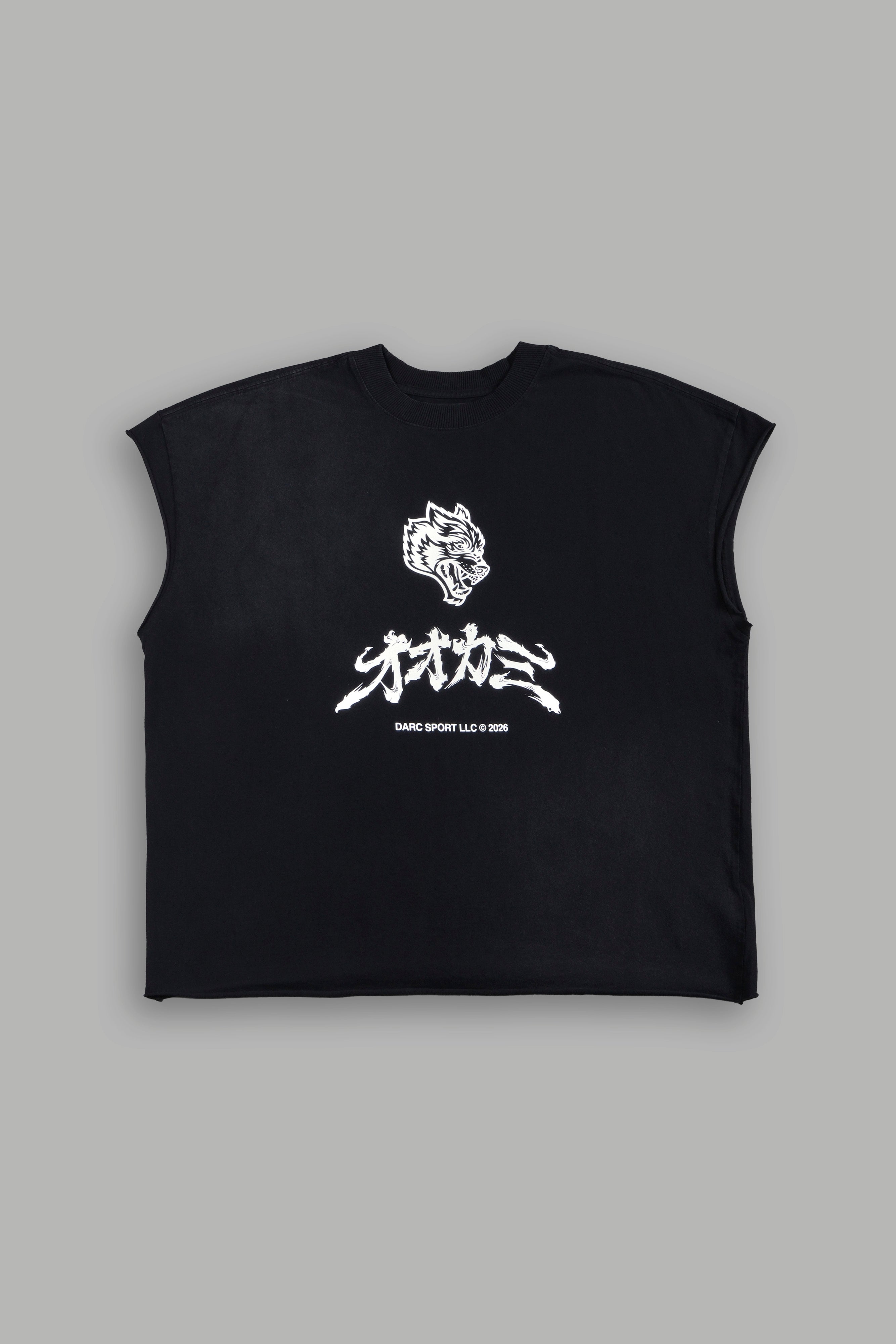 Okami Bushido Grunge Cut-Off Mid Length Raw Hem Tee in Black Sun Fade