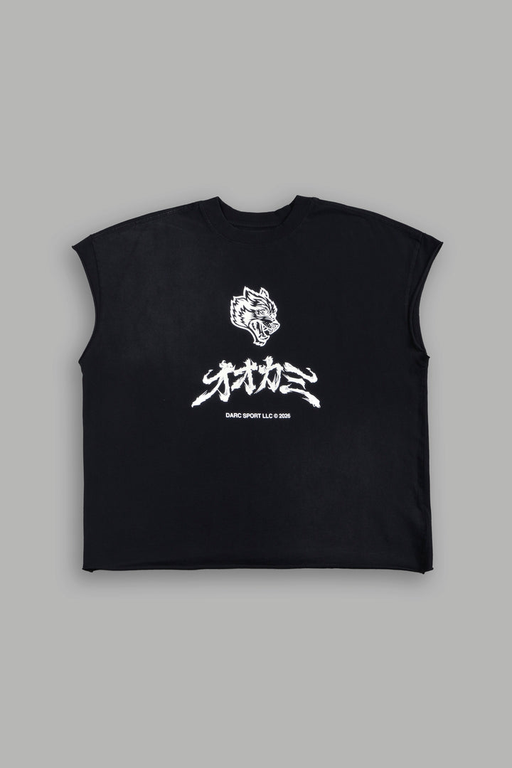 Okami Bushido Grunge Cut-Off Mid Length Raw Hem Tee in Black Sun Fade
