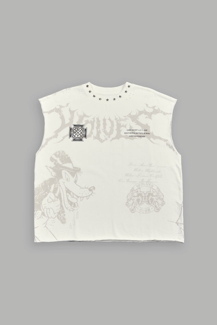 Big & Bad Distressed Grunge Mid Length Raw Hem Muscle Tee in Cream