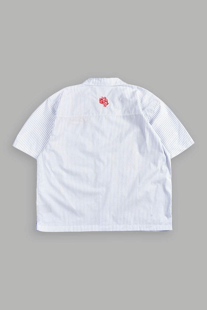 Wolves Patch Dalton Mid Length Button Up in Blue Stripe