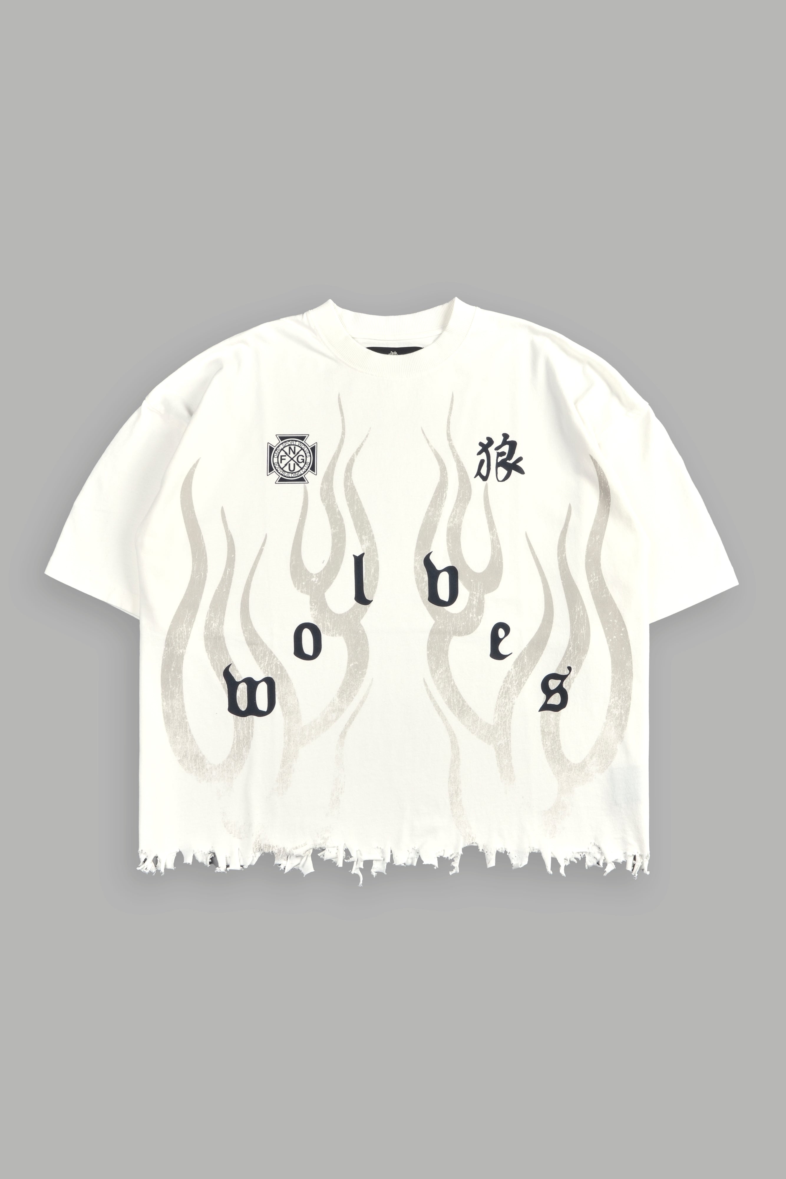 Wolves Flame Destroyed Grunge "Box Cut" Tee in Cream
