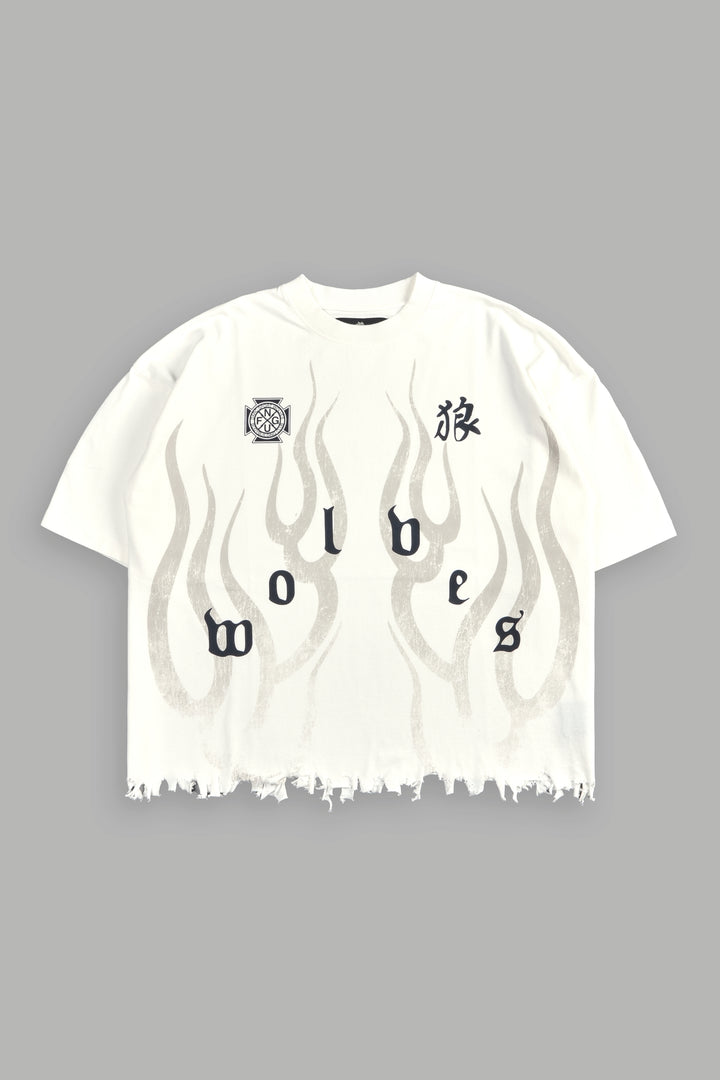 Wolves Flame Destroyed Grunge "Box Cut" Tee in Cream