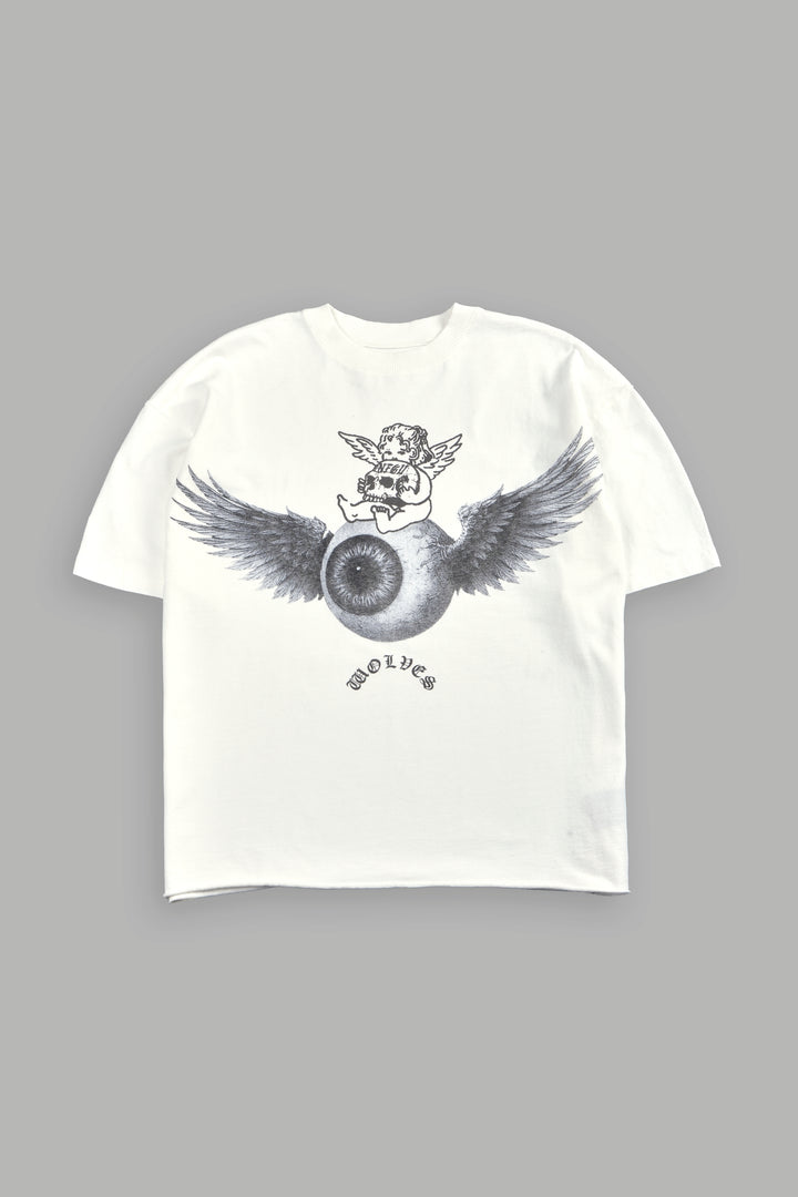 Flight Club V2 Grunge Mid Length Raw Hem Tee in Cream