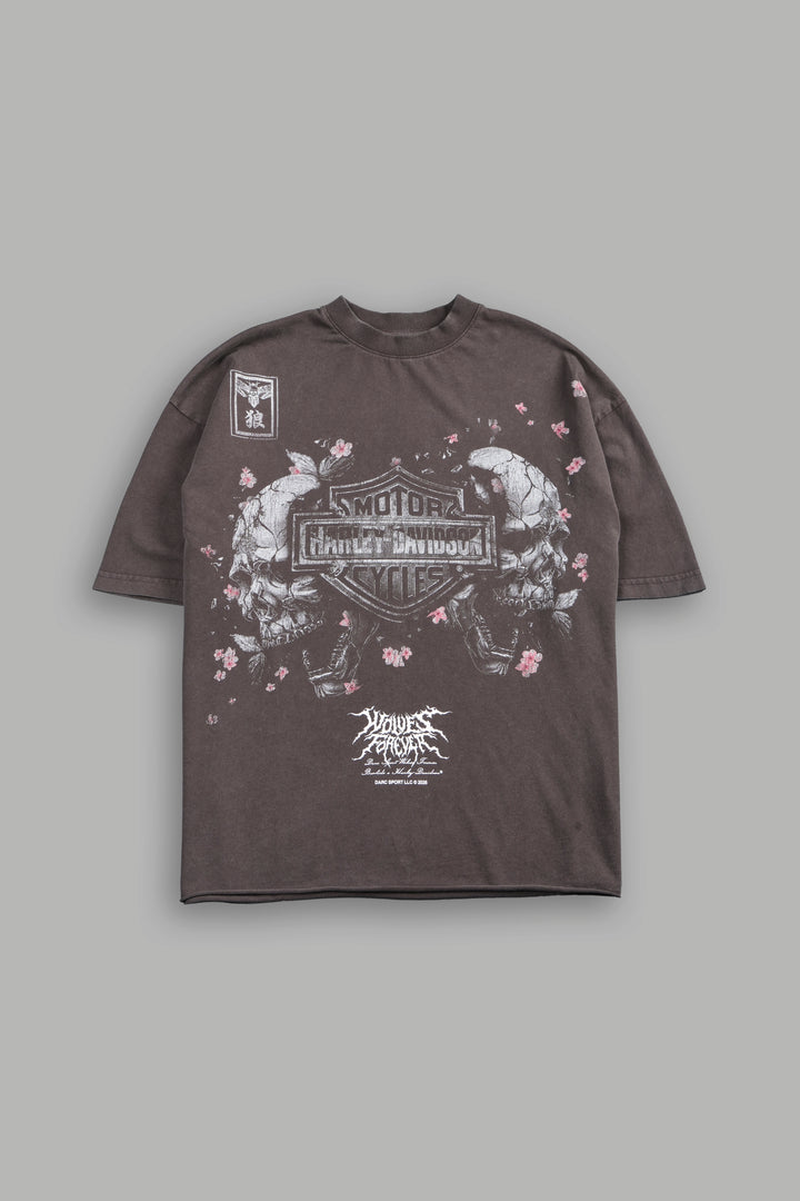 Shattered Bushido Grunge Mid Length Raw Hem Tee in Darc Brown