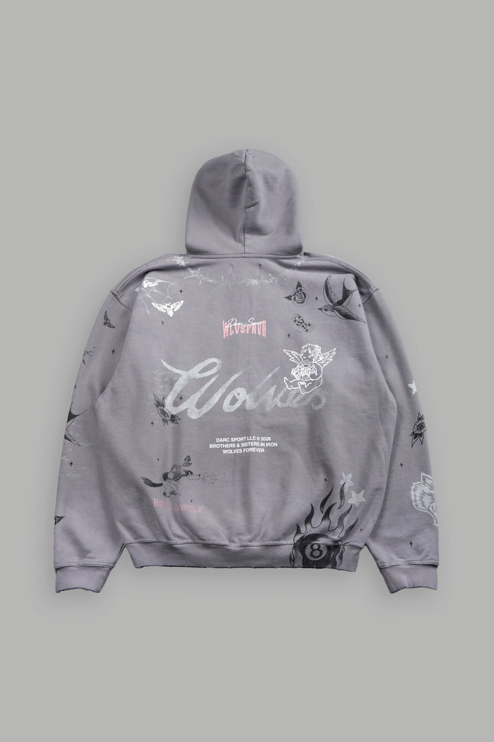 Big Bad Wolves Grunge Moatis Zip Hoodie in Dove Gray Drift Wash