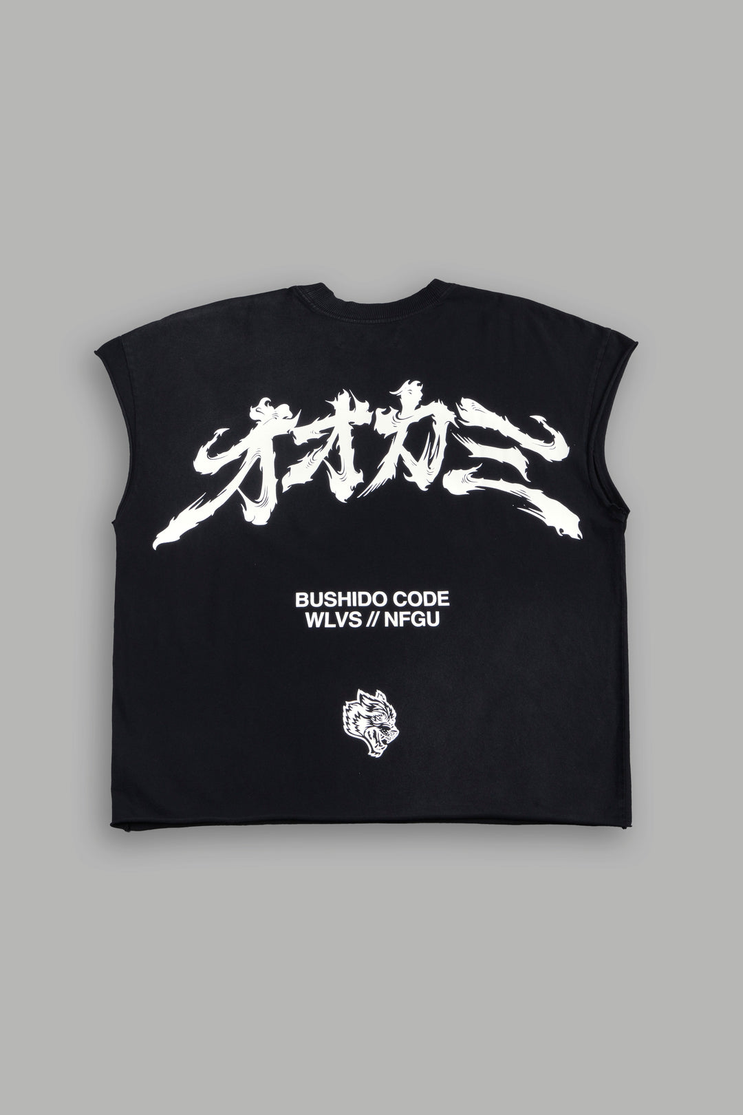 Okami Bushido Grunge Cut-Off Mid Length Raw Hem Tee in Black Sun Fade