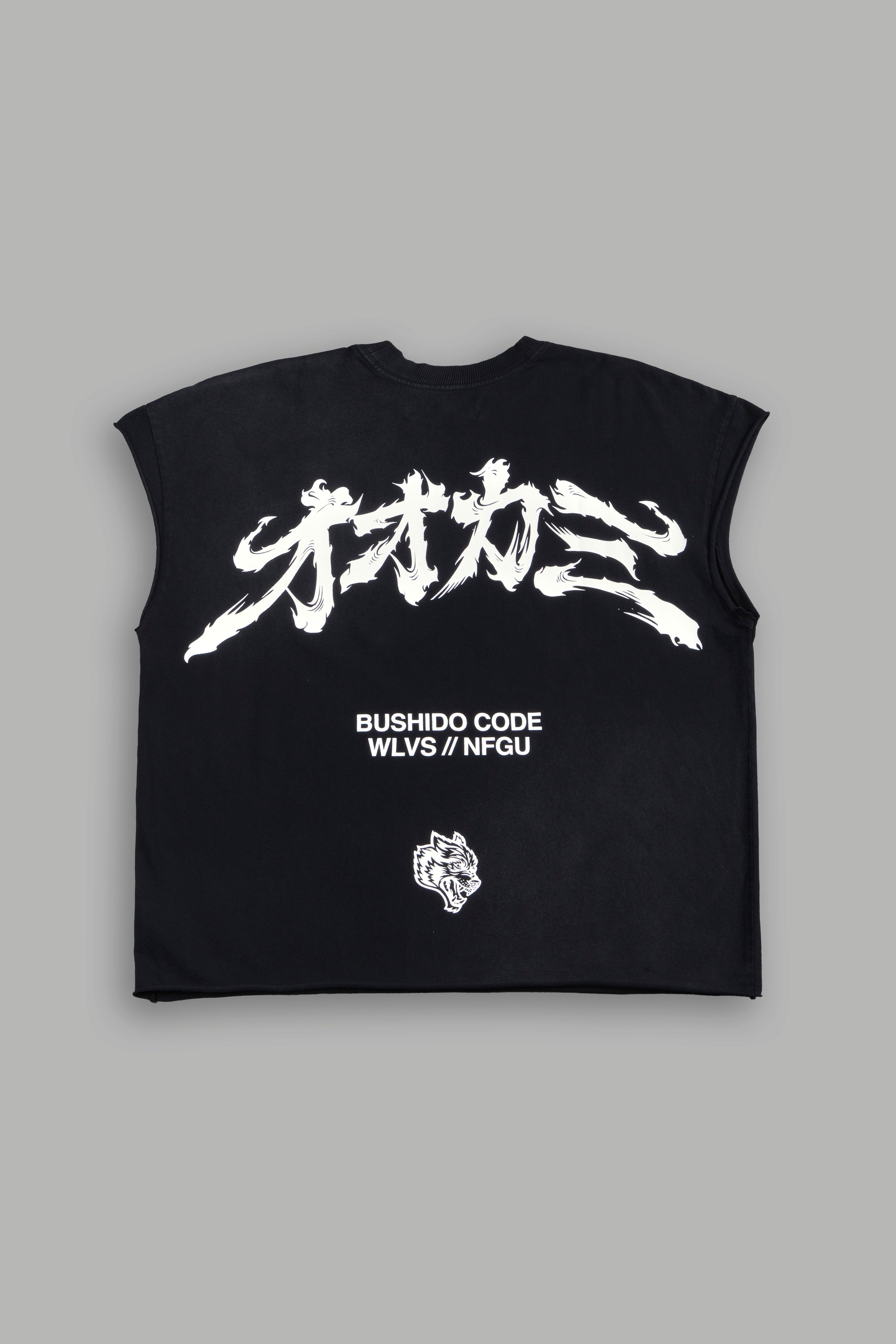 Okami Bushido Grunge Cut-Off Mid Length Raw Hem Tee in Black Sun Fade